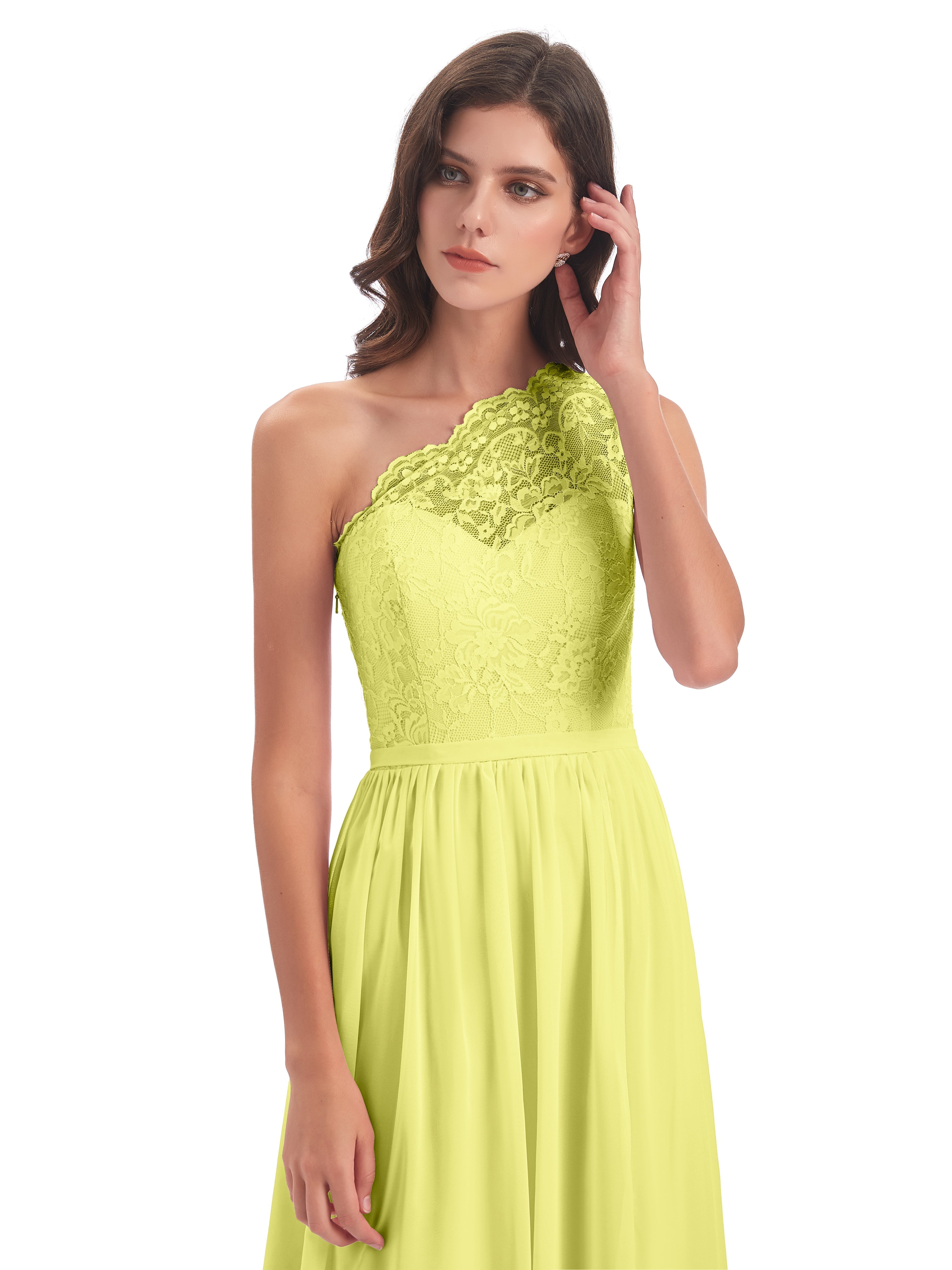 Robes De Demoiselle D'Honneur Jonquille Seule-Épaule Dentelle/Mousseline Fendue Robes Demoiselle D'Honneur