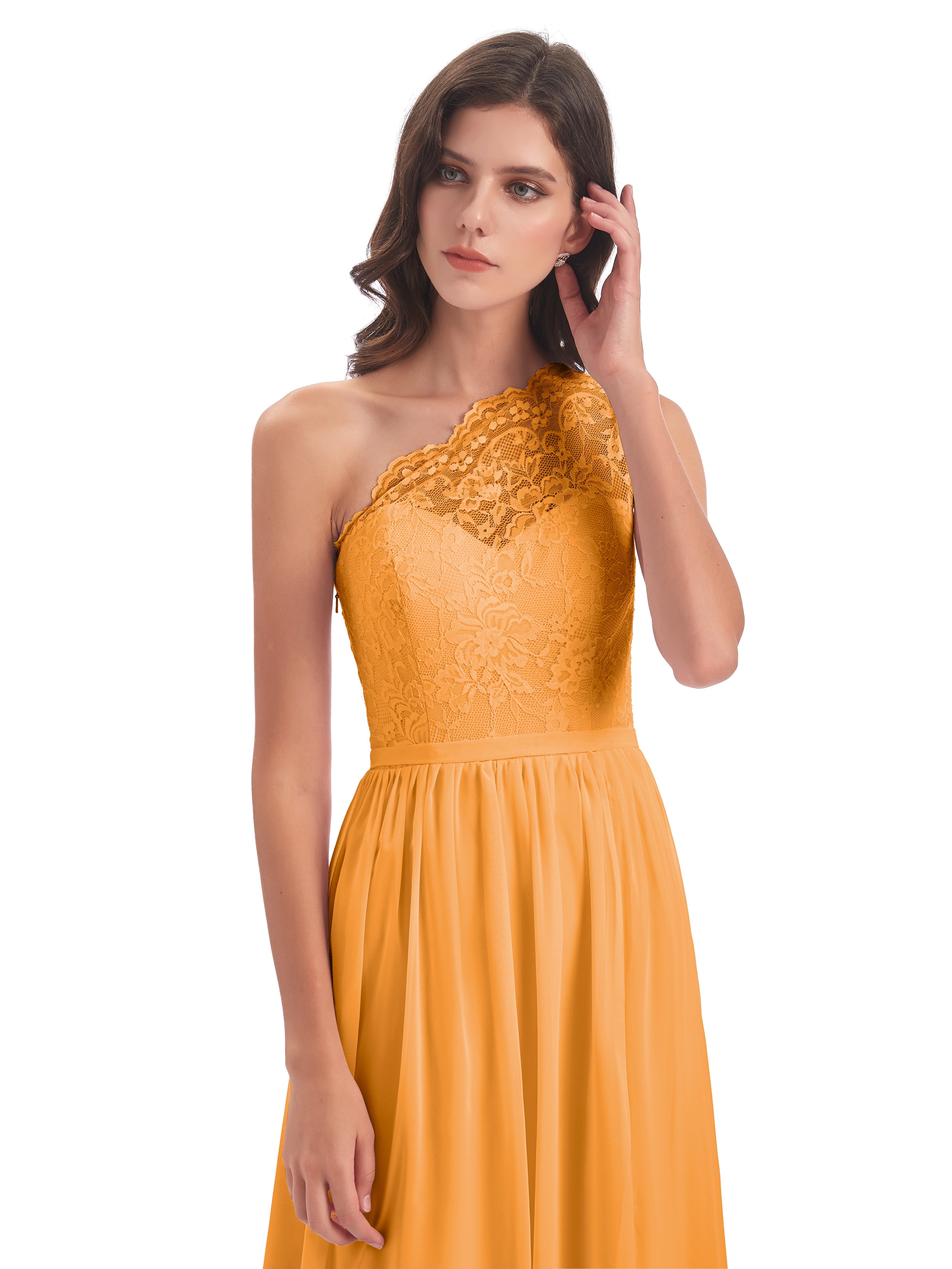 Robes De Demoiselle D'Honneur Mandarine Seule-Épaule Dentelle/Mousseline Fendue Robes Demoiselle D'Honneur