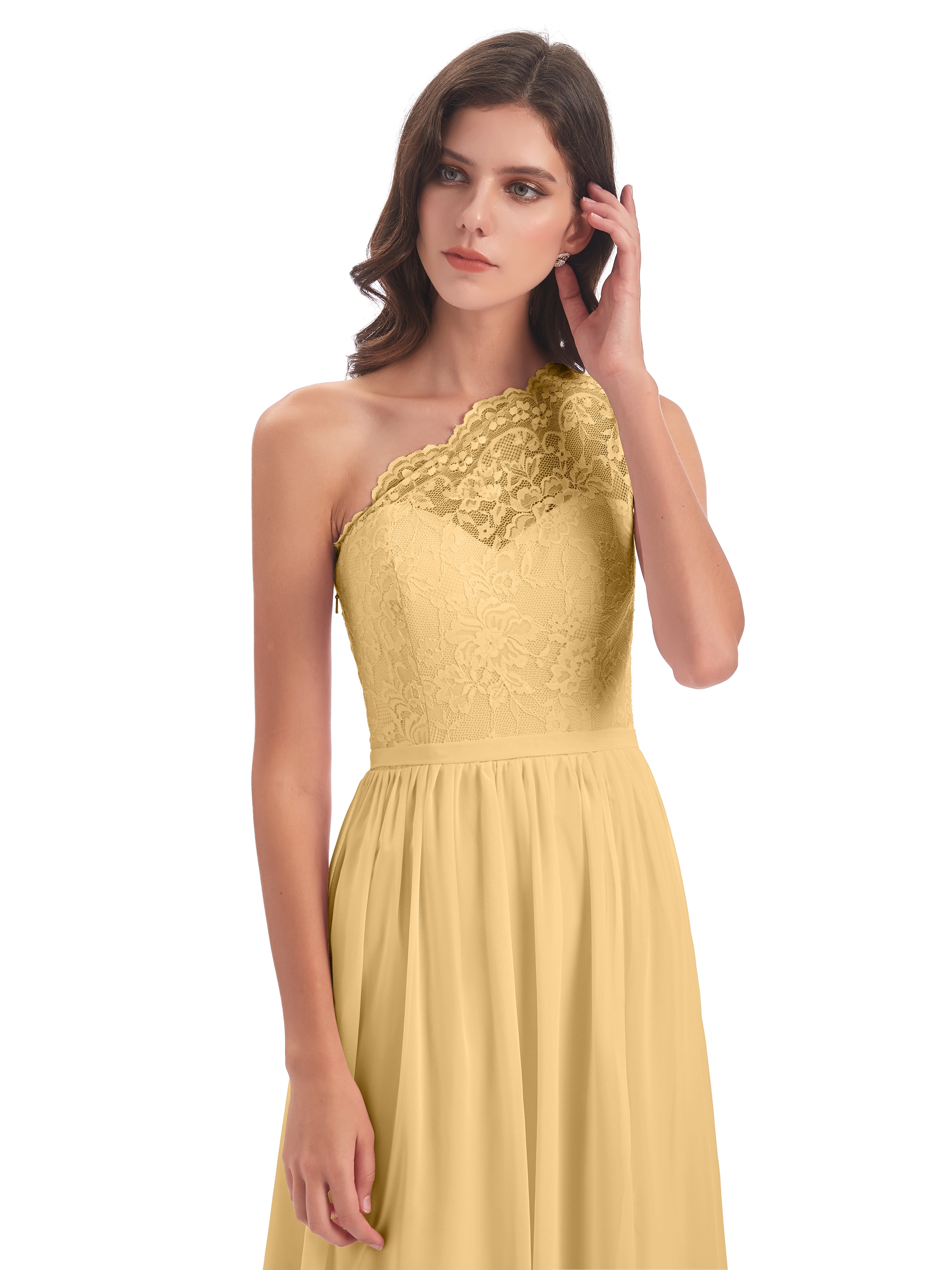 Robe Demoiselle D Honneur Doree Seule-Épaule Dentelle/Mousseline Fendue Robes Demoiselle D'Honneur