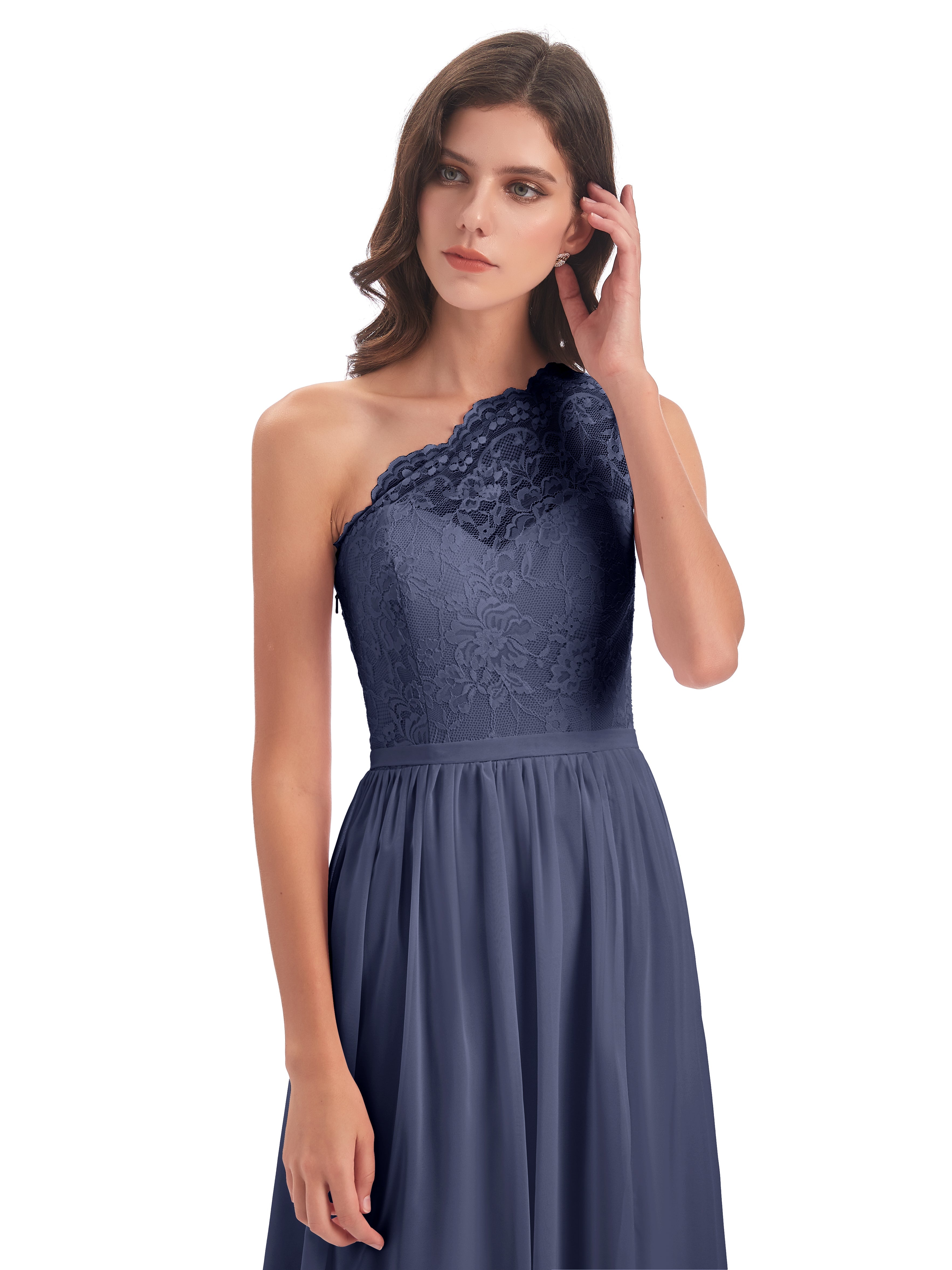 Robes De Demoiselle D'Honneur Bleu Orageux Seule-Épaule Dentelle/Mousseline Fendue Robes Demoiselle D'Honneur