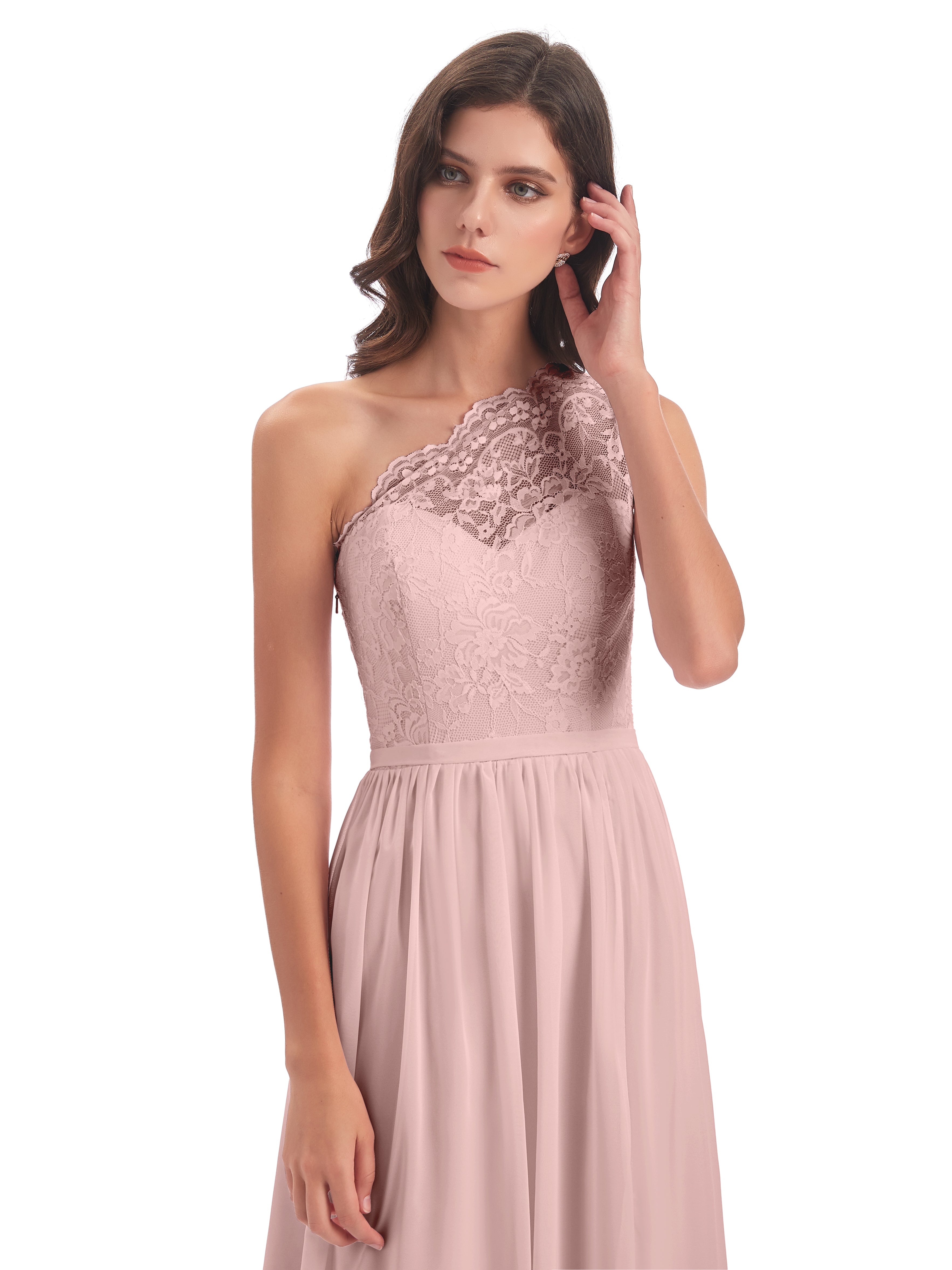 Robe Rose Poudré Mariage Demoiselle D Honneur Seule-Épaule Dentelle/Mousseline Fendue Robes Demoiselle D'Honneur