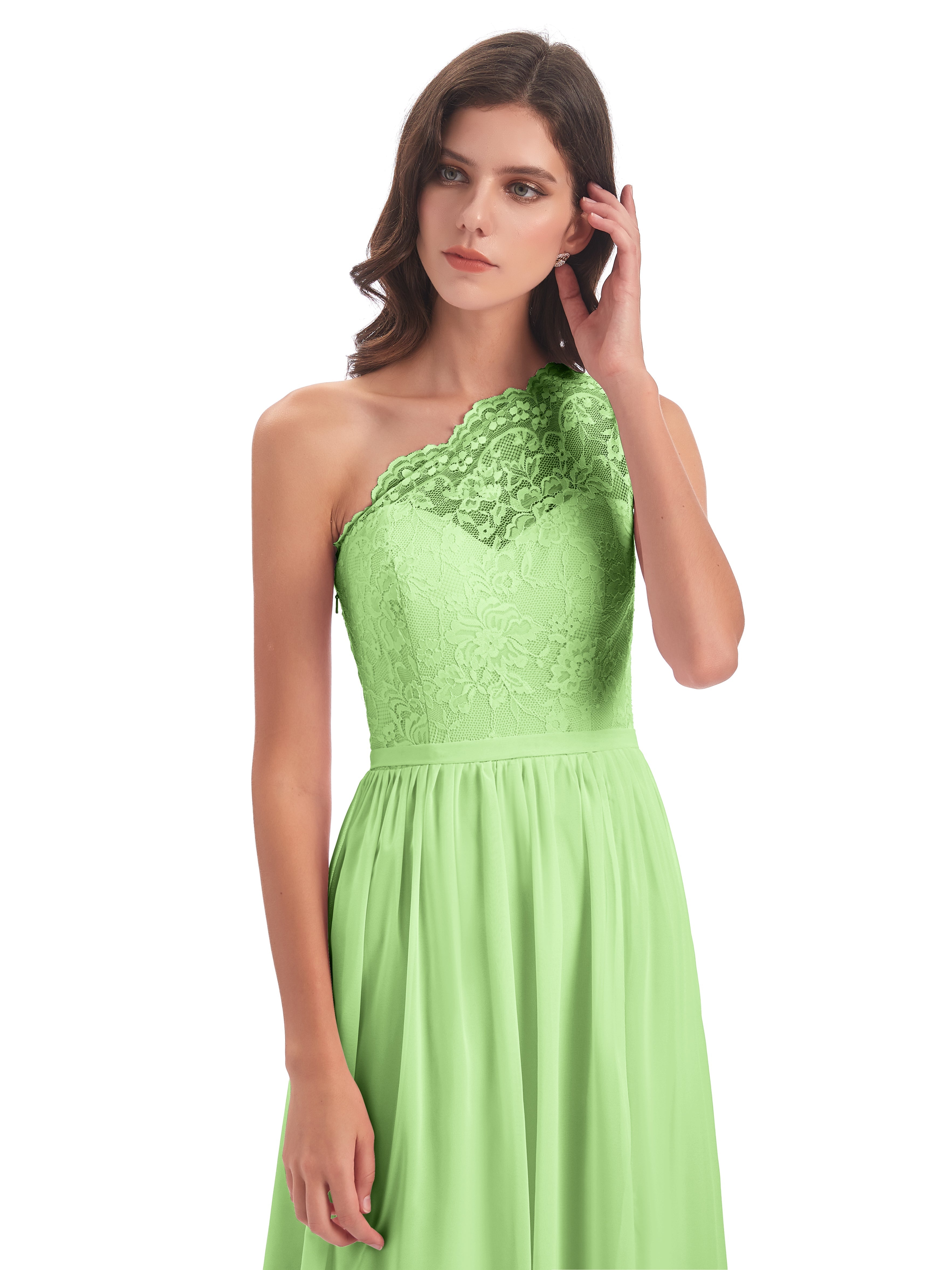 Demoiselle D'Honneur Vert Sauge Seule-Épaule Dentelle/Mousseline Fendue Robes Demoiselle D'Honneur