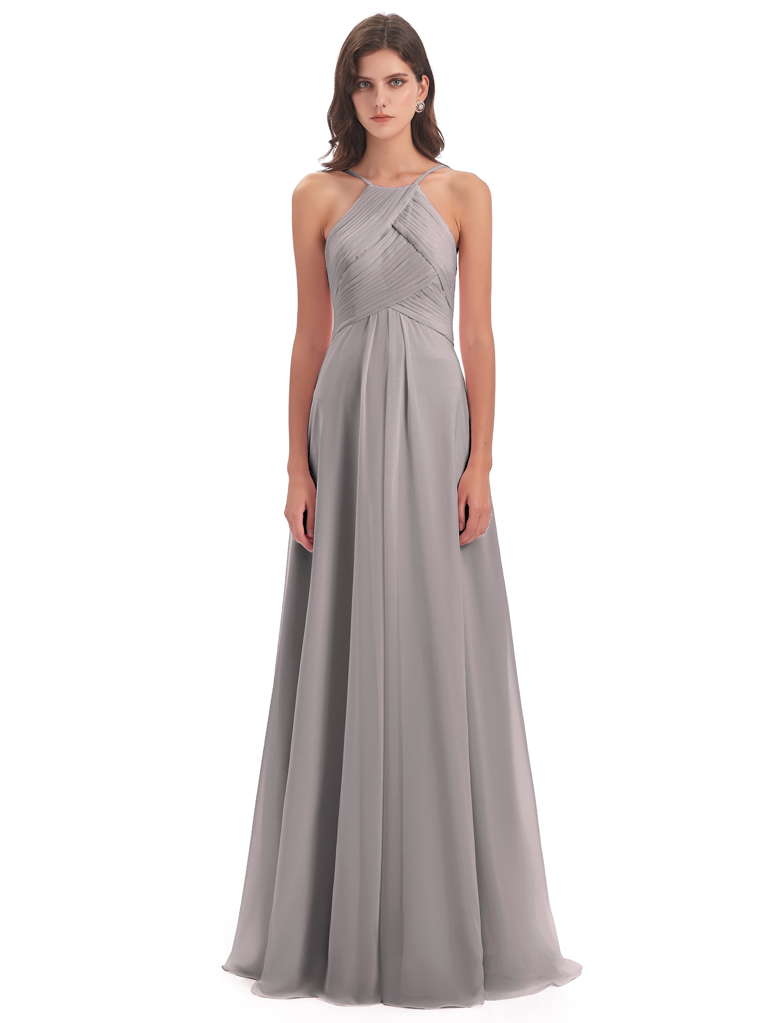 Robe Demoiselle D Honneur Argentée Licou Dos Ouvert Mousseline Robes Demoiselle D'Honneur