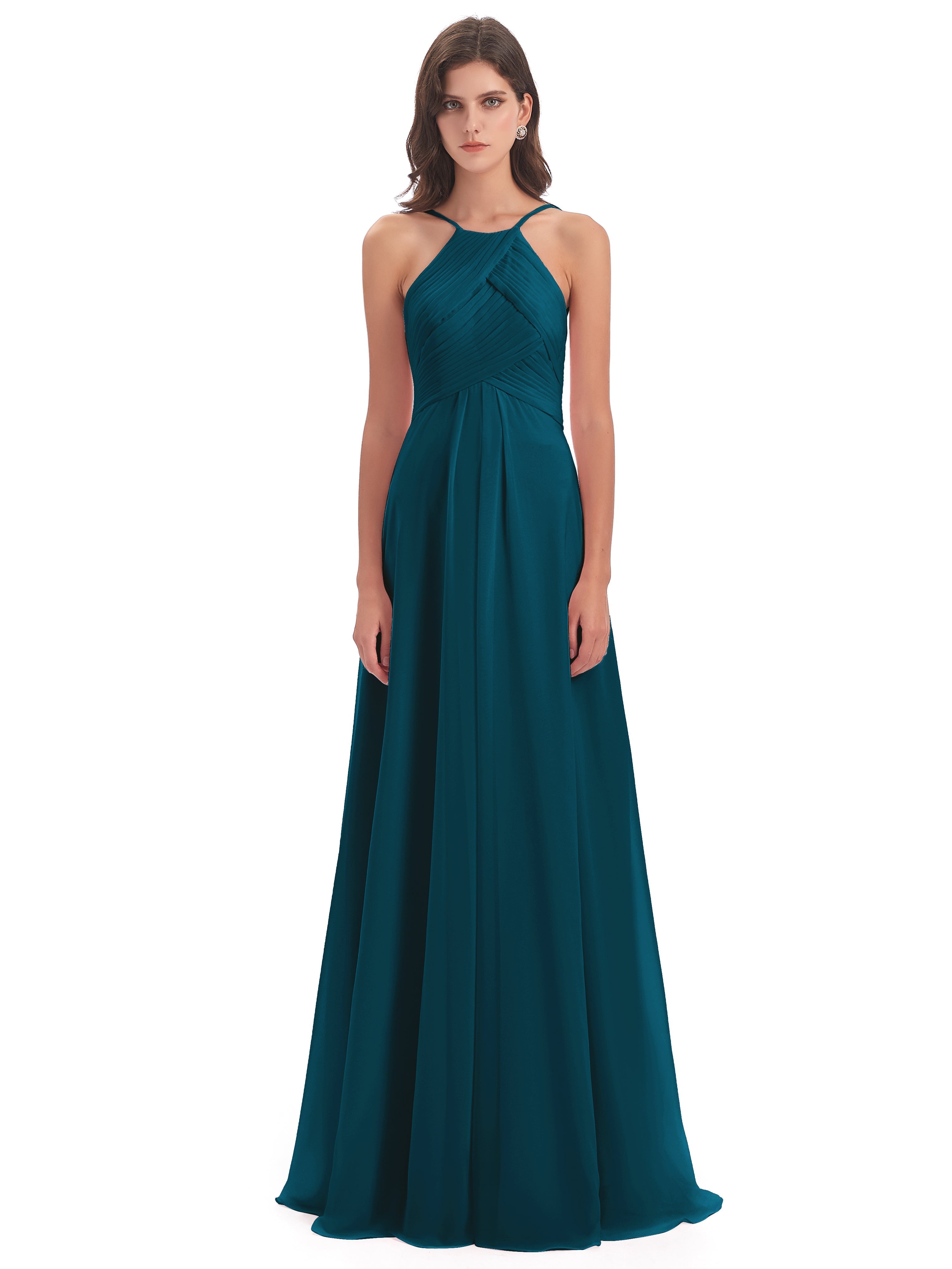 Robe De Demoiselle D'Honneur Bleu Encre Licou Dos Ouvert Mousseline Robes Demoiselle D'Honneur