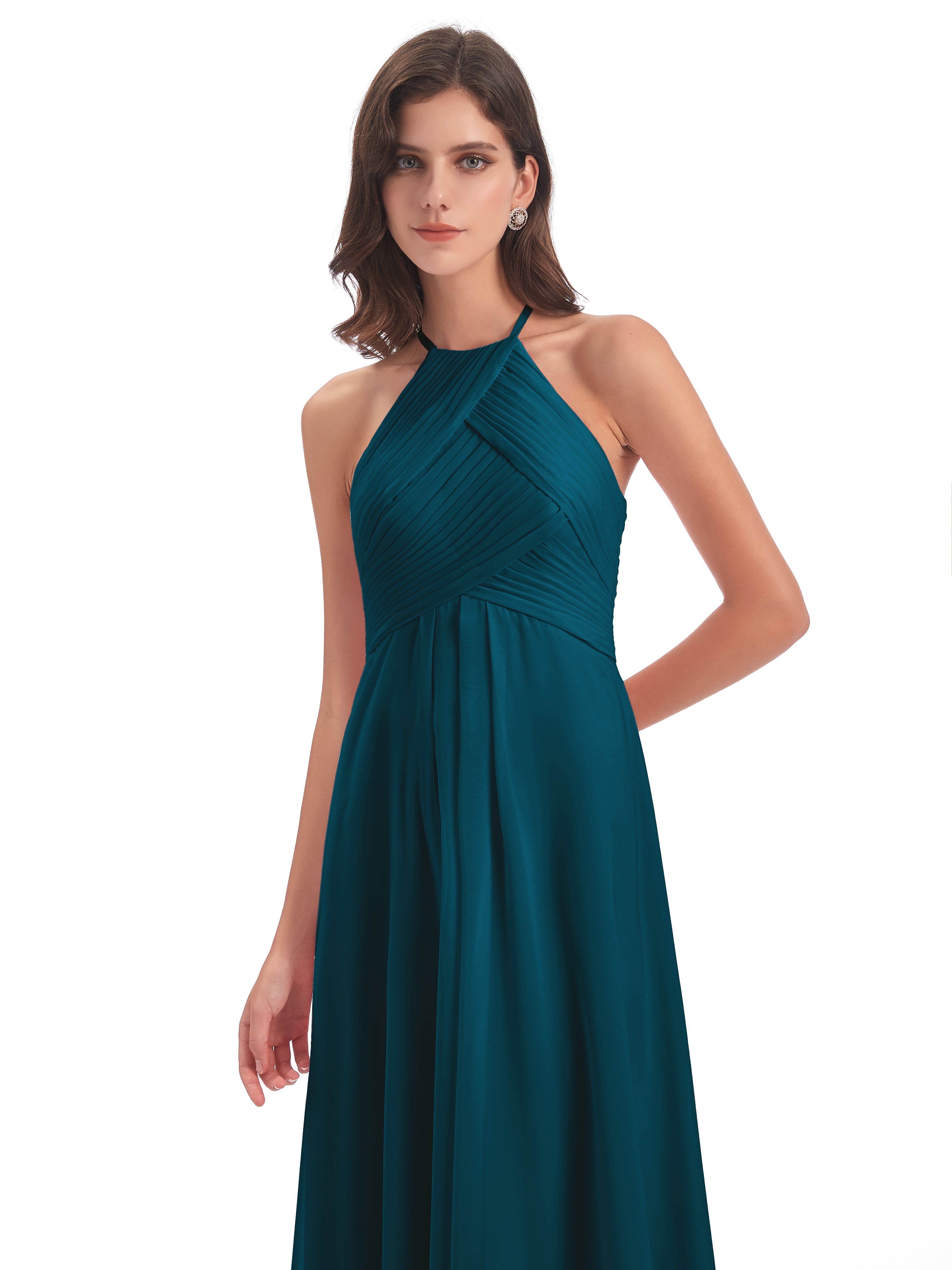 Robe De Demoiselle D'Honneur Bleu Encre Licou Dos Ouvert Mousseline Robes Demoiselle D'Honneur