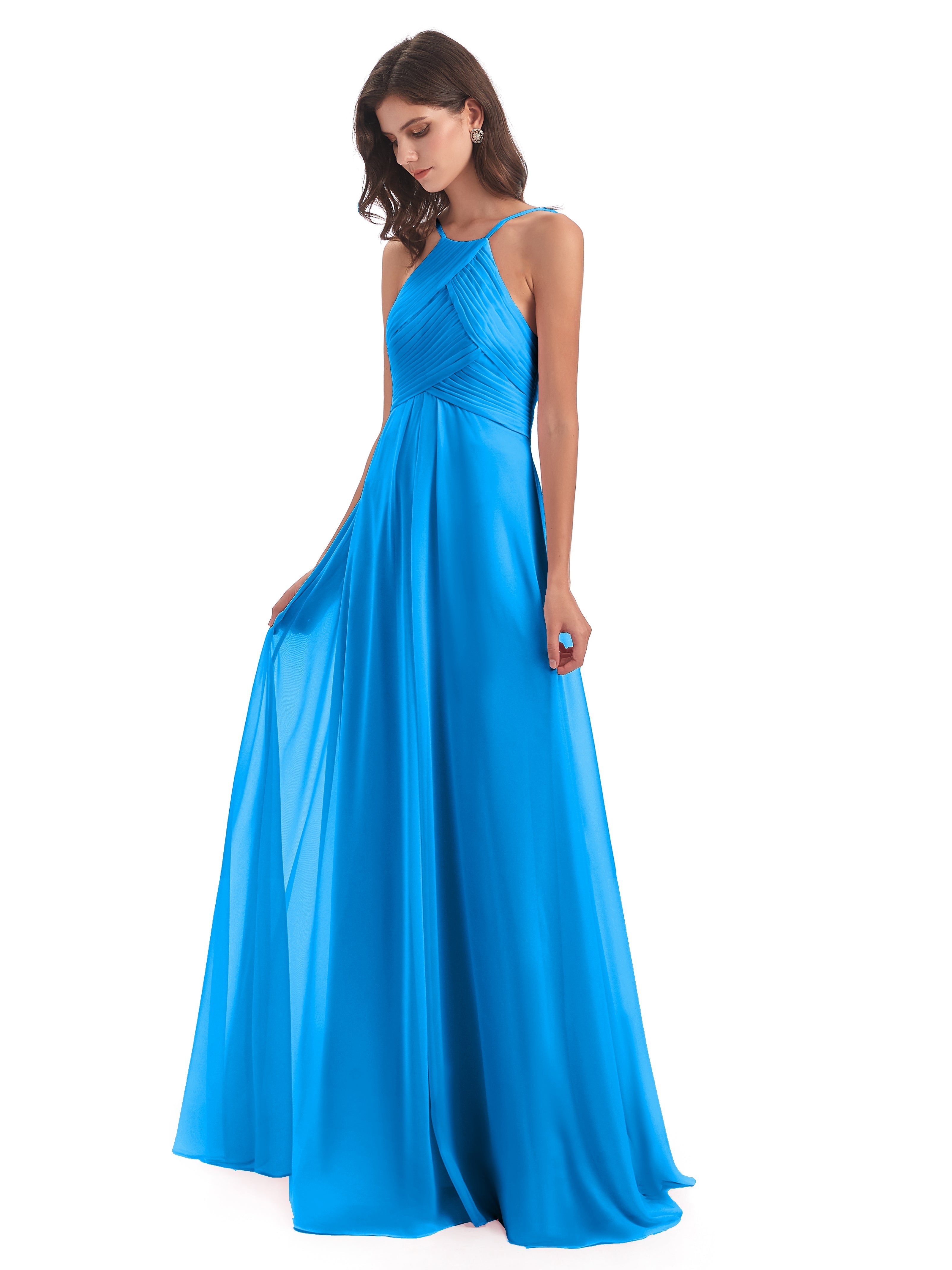 Robes De Demoiselle D'Honneur Bleu Océan Licou Dos Ouvert Mousseline Robes Demoiselle D'Honneur