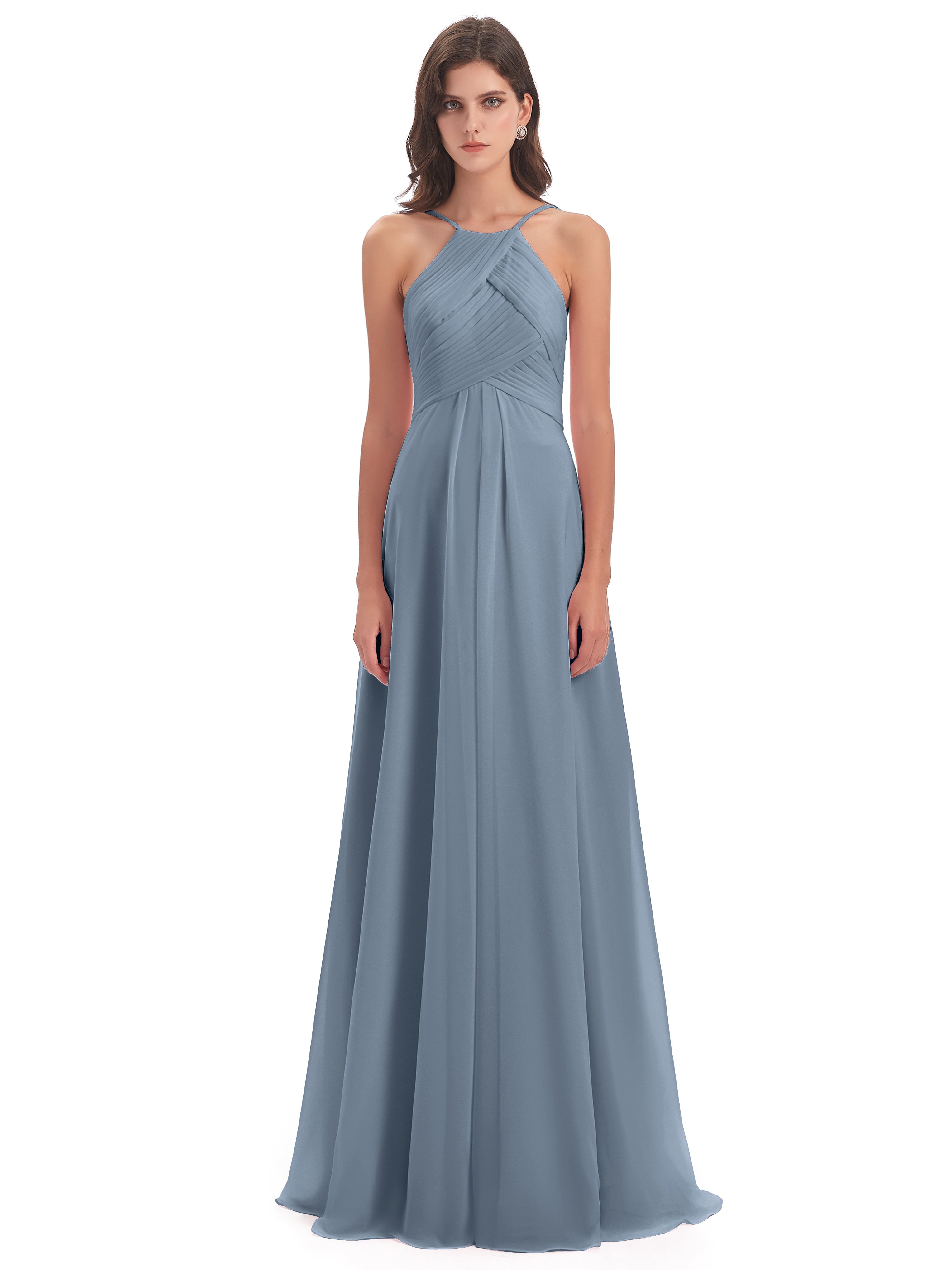 Robe Demoiselle D Honneur Bleu Poussiereux Licou Dos Ouvert Mousseline Robes Demoiselle D'Honneur