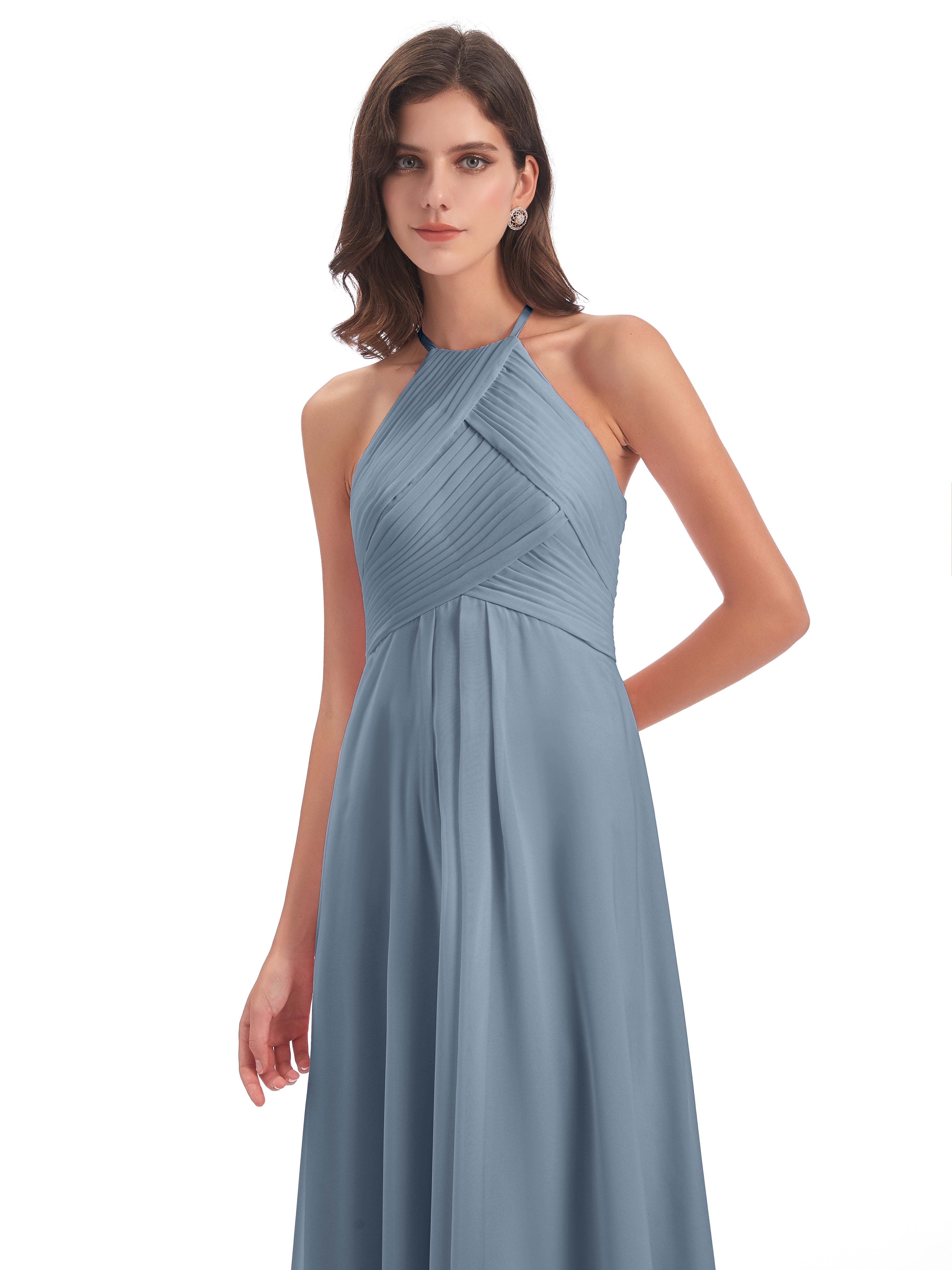Robe Demoiselle D Honneur Bleu Poussiereux Licou Dos Ouvert Mousseline Robes Demoiselle D'Honneur