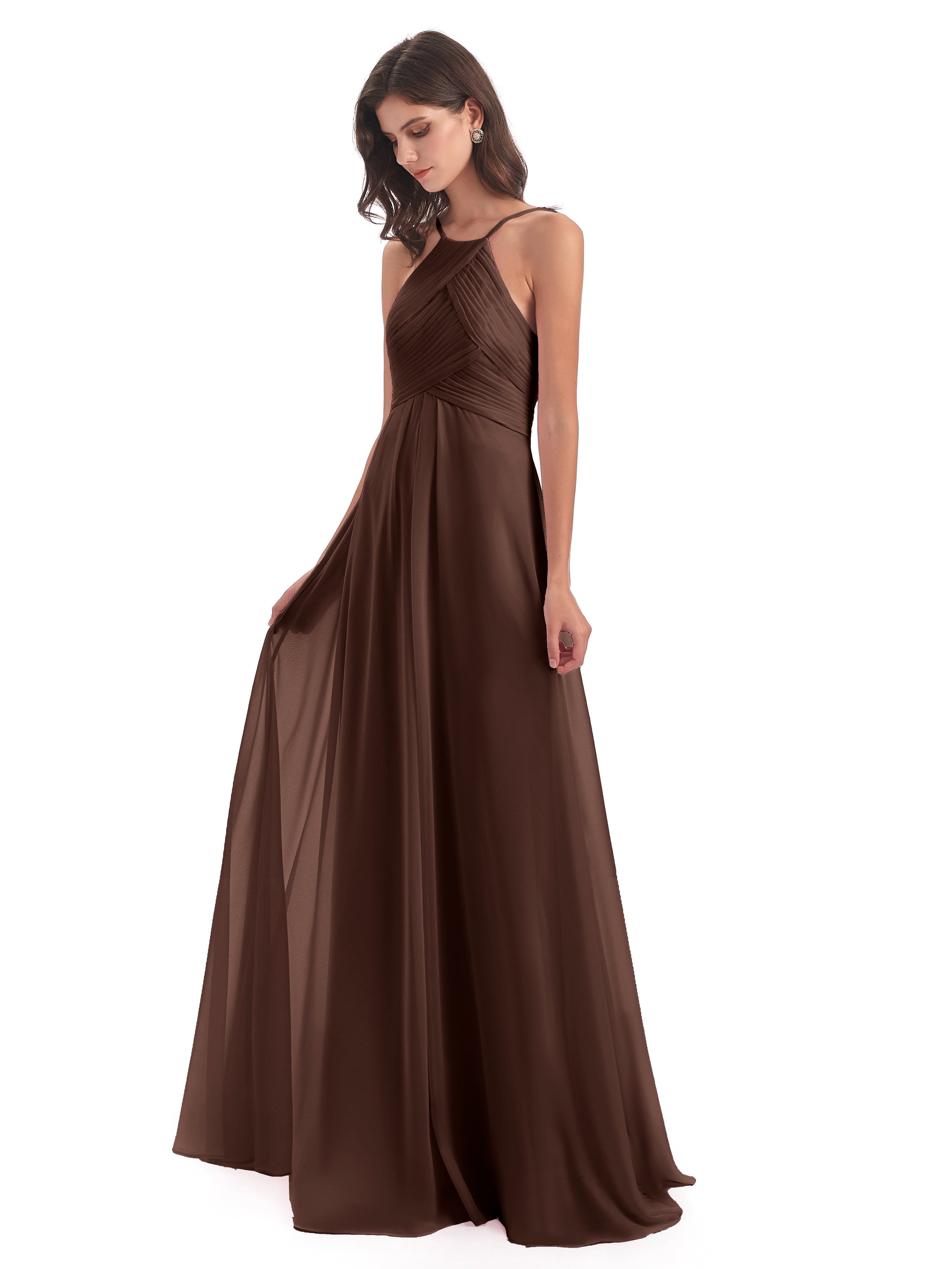 Robe Marron Chocolat Demoiselle D Honneur Licou Dos Ouvert Mousseline Robes Demoiselle D'Honneur
