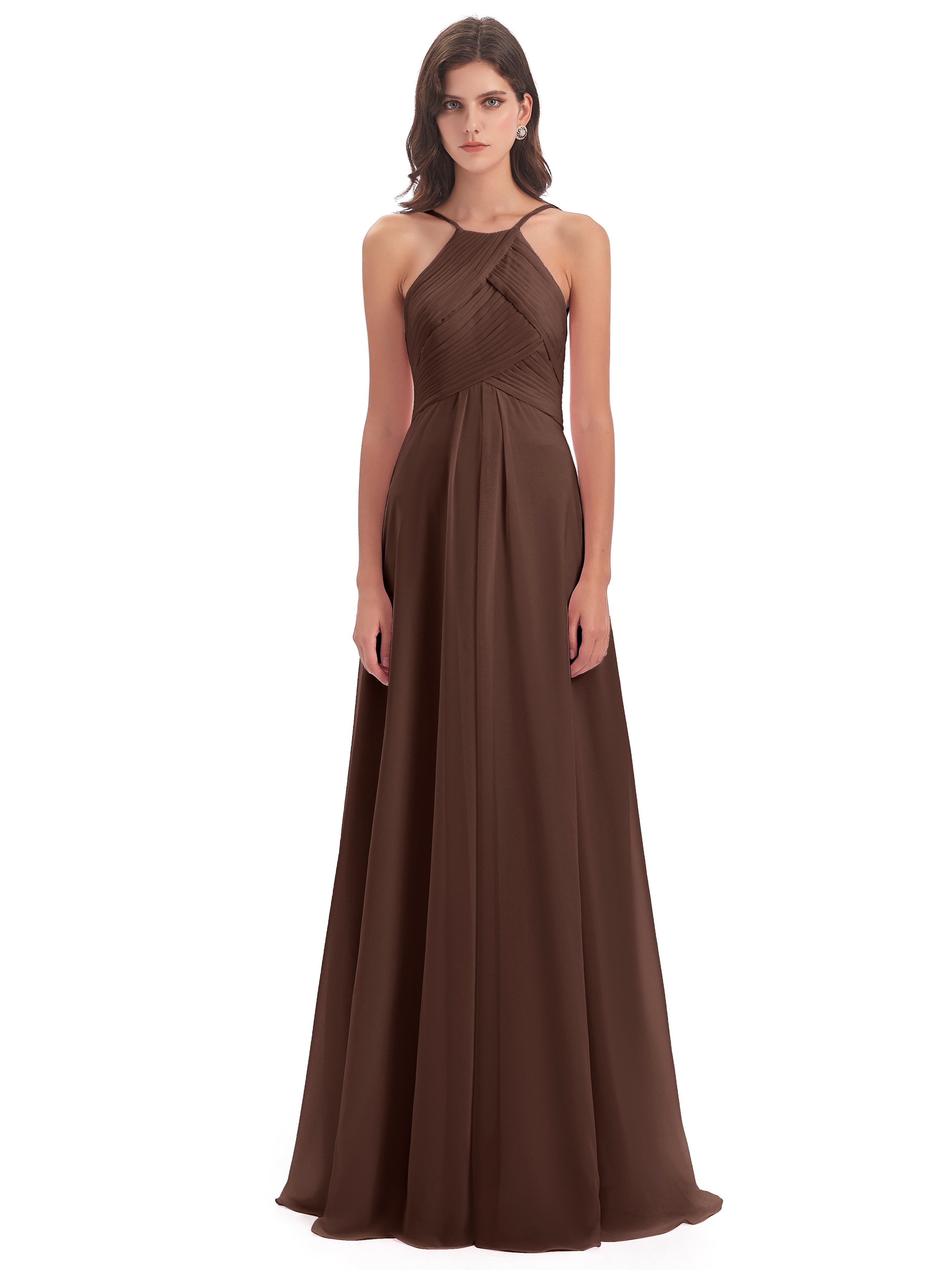 Robe Marron Chocolat Demoiselle D Honneur Licou Dos Ouvert Mousseline Robes Demoiselle D'Honneur