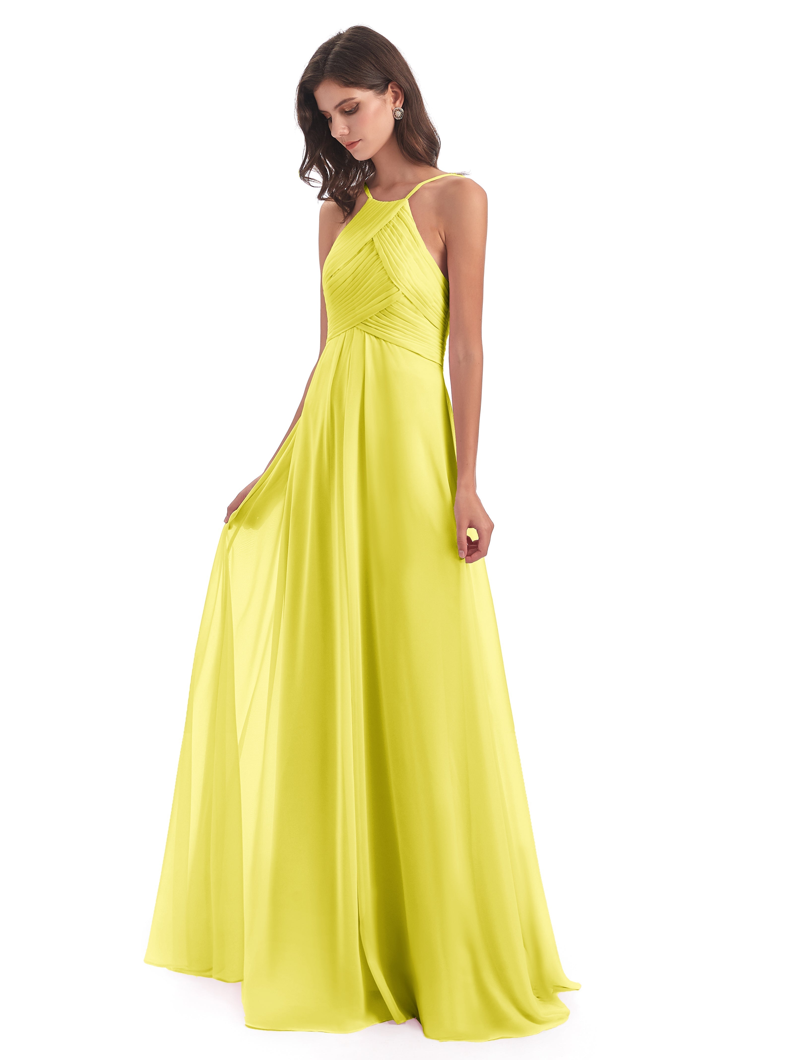 Robes De Demoiselle D'Honneur Citron Licou Dos Ouvert Mousseline Robes Demoiselle D'Honneur