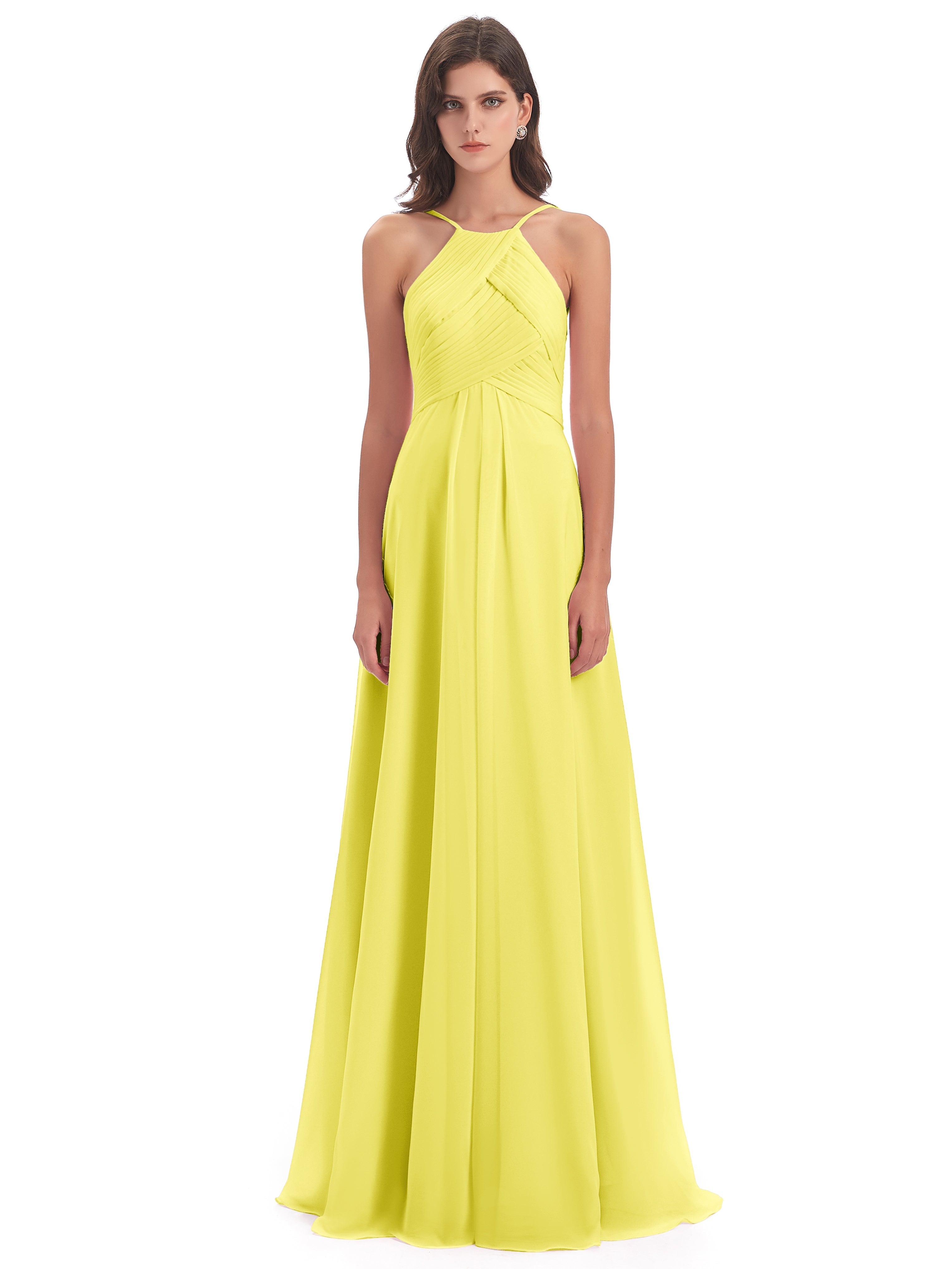 Robes De Demoiselle D'Honneur Citron Licou Dos Ouvert Mousseline Robes Demoiselle D'Honneur