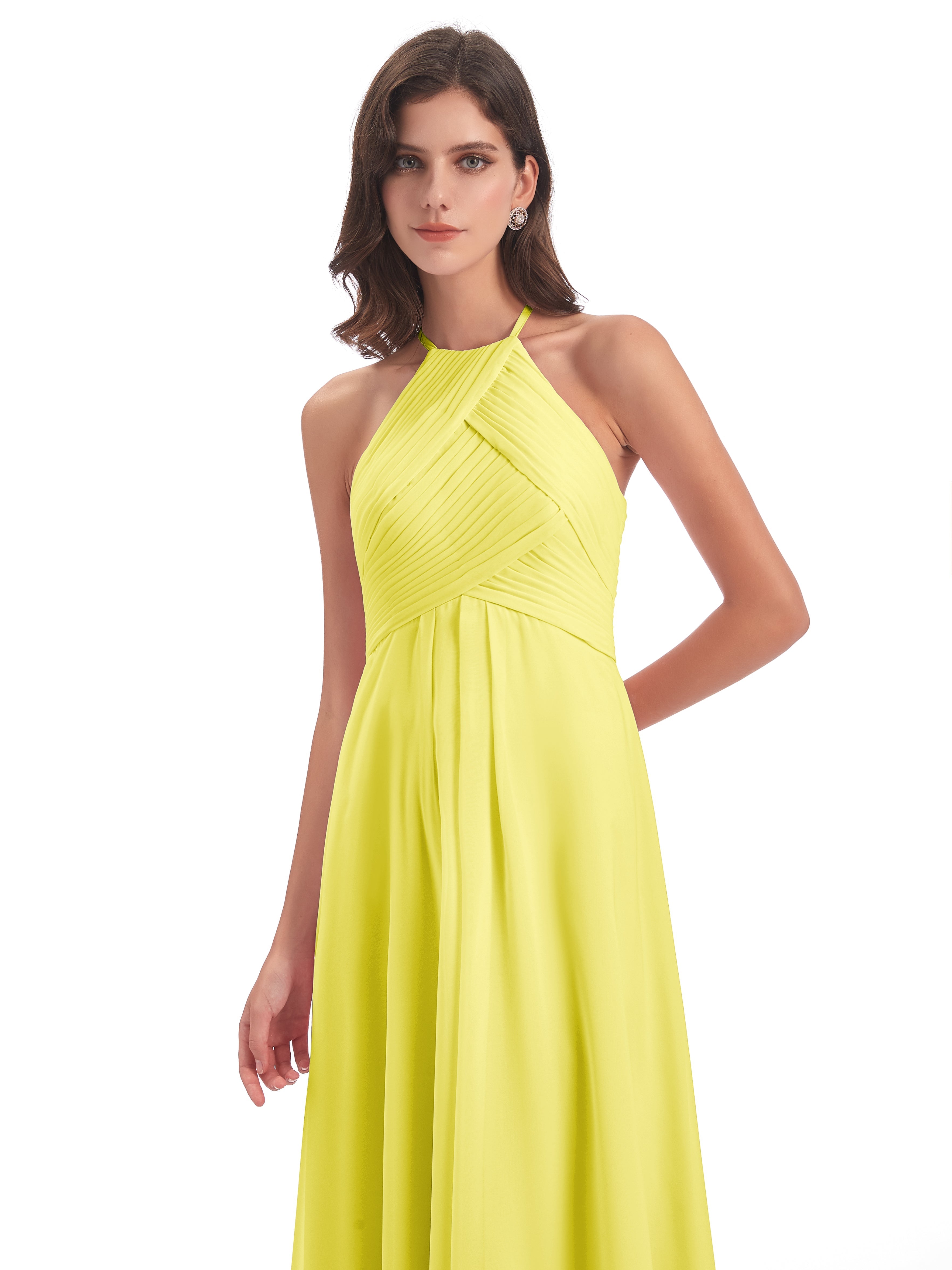 Robes De Demoiselle D'Honneur Citron Licou Dos Ouvert Mousseline Robes Demoiselle D'Honneur