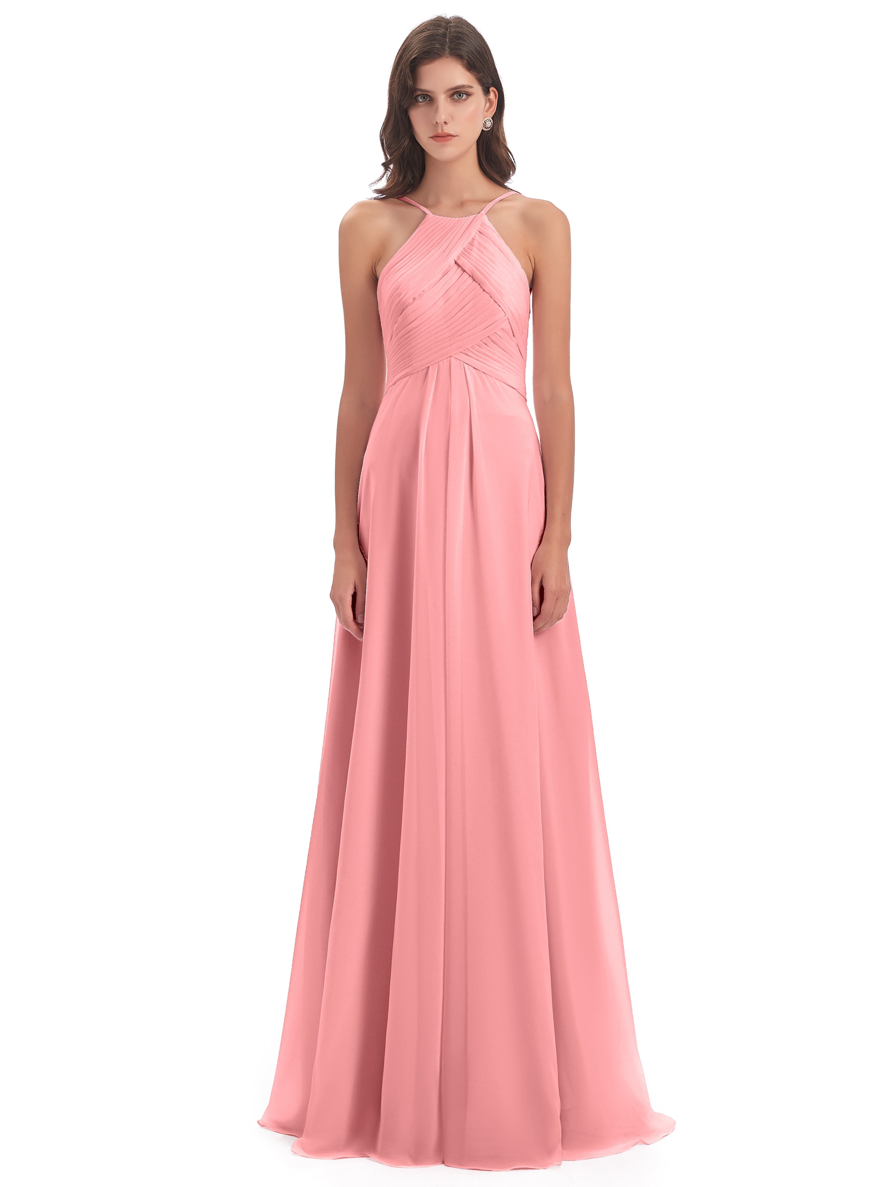 Robes De Demoiselle D'Honneur En Flamant Licou Dos Ouvert Mousseline Robes Demoiselle D'Honneur