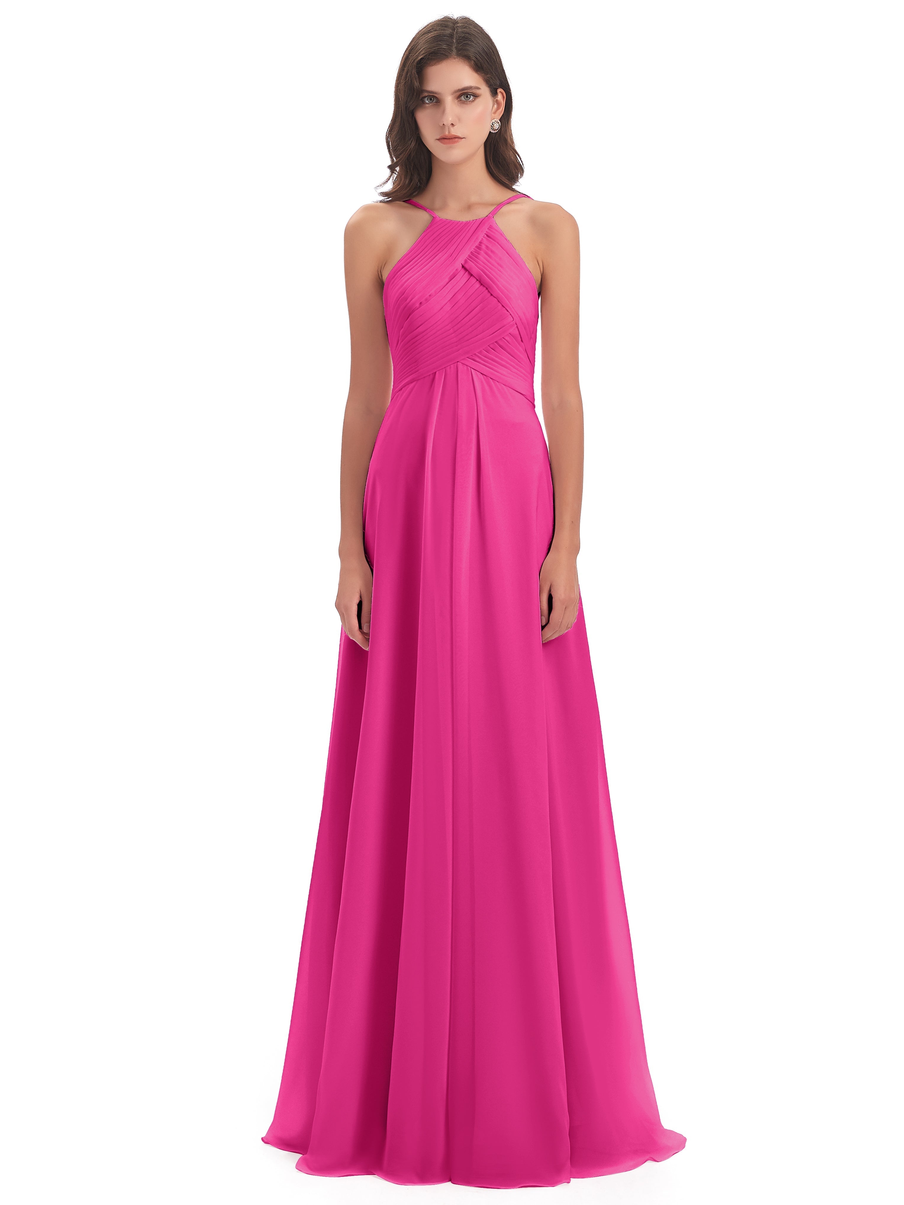 Robes De Demoiselle D'Honneur Couleur Rose Fuchsia Licou Dos Ouvert Mousseline Robes Demoiselle D'Honneur