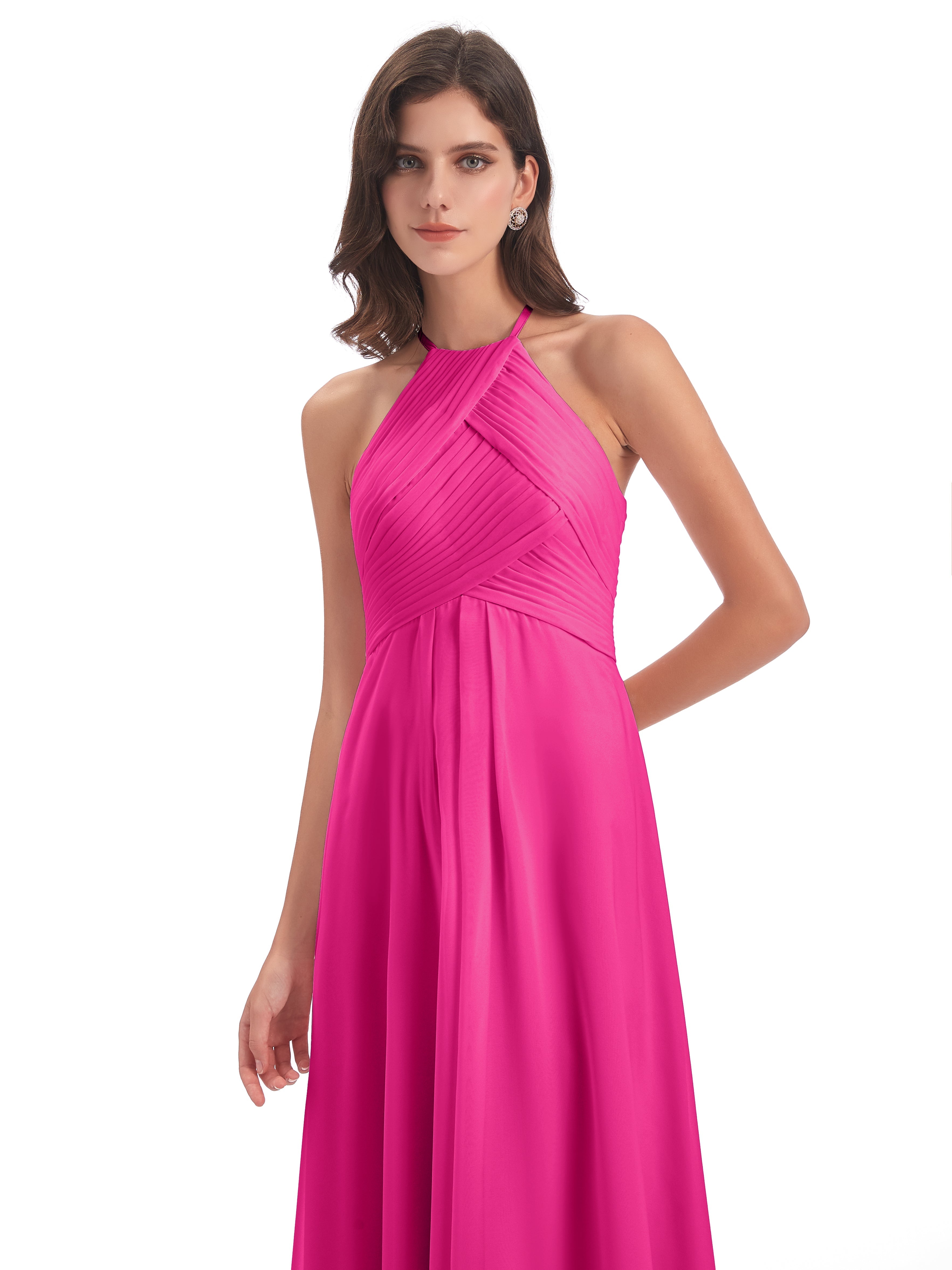 Robes De Demoiselle D'Honneur Couleur Rose Fuchsia Licou Dos Ouvert Mousseline Robes Demoiselle D'Honneur