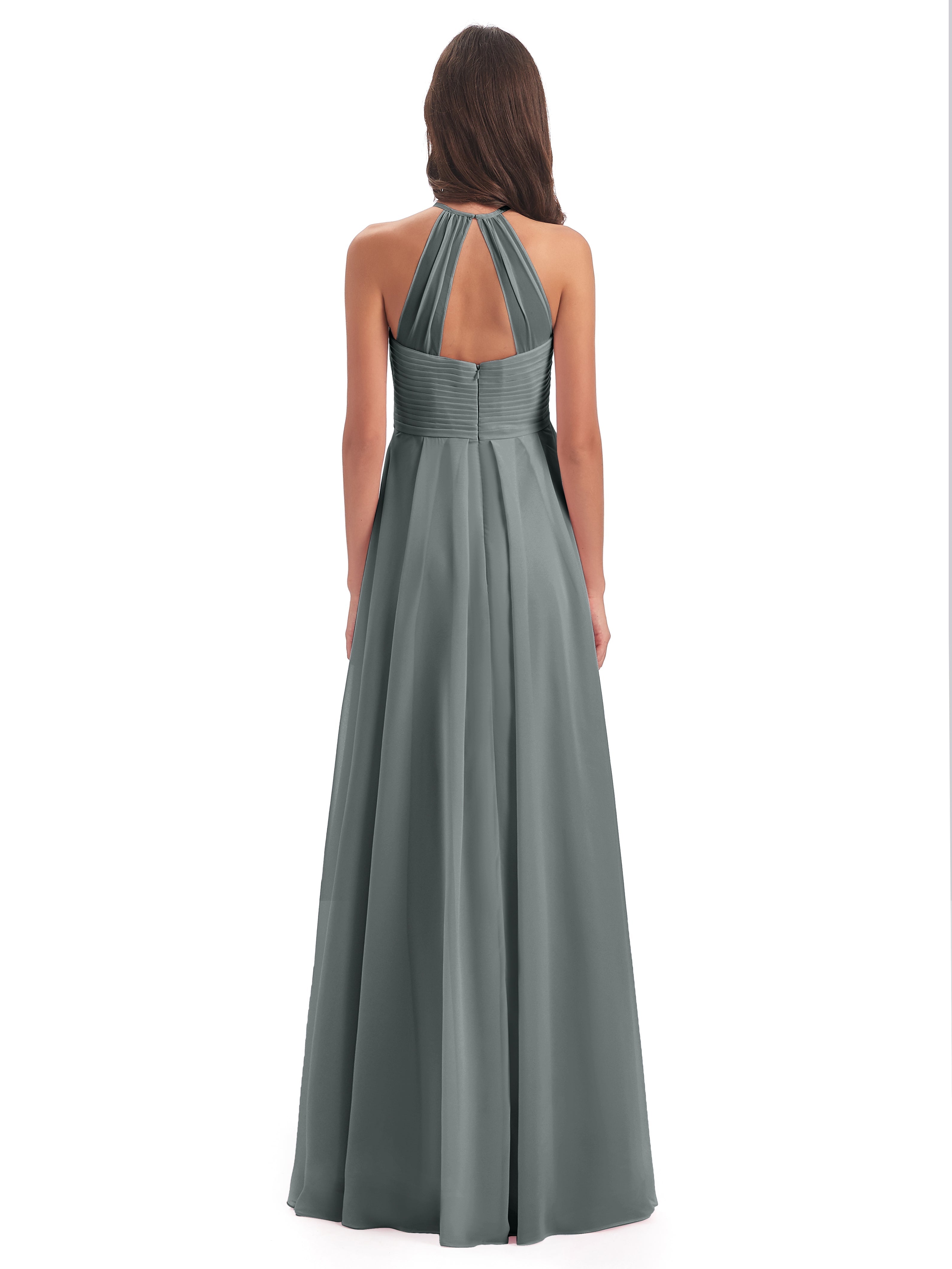 Robes De Demoiselle D'Honneur Gris Argenté Licou Dos Ouvert Mousseline Robes Demoiselle D'Honneur