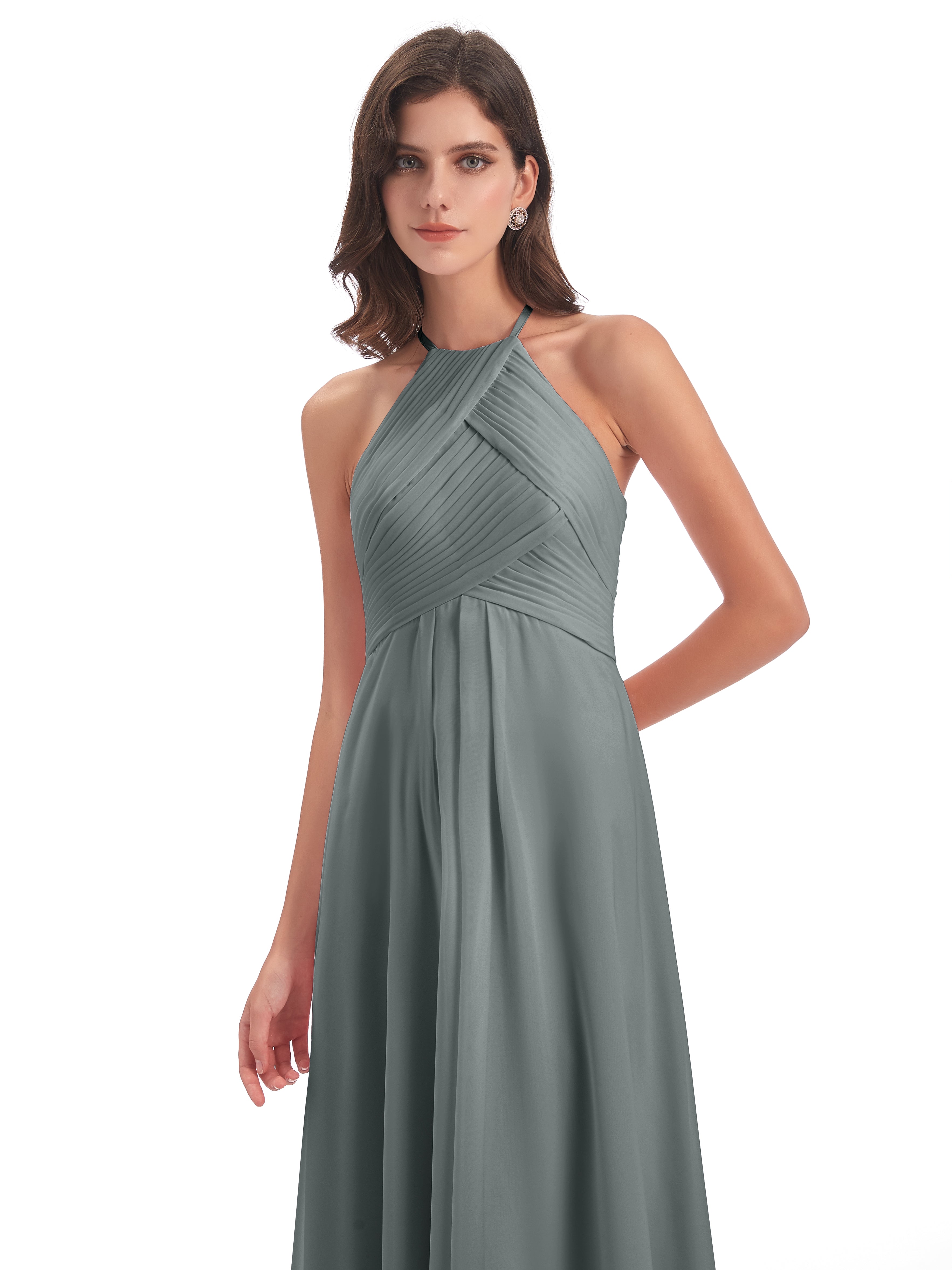 Robes De Demoiselle D'Honneur Gris Argenté Licou Dos Ouvert Mousseline Robes Demoiselle D'Honneur