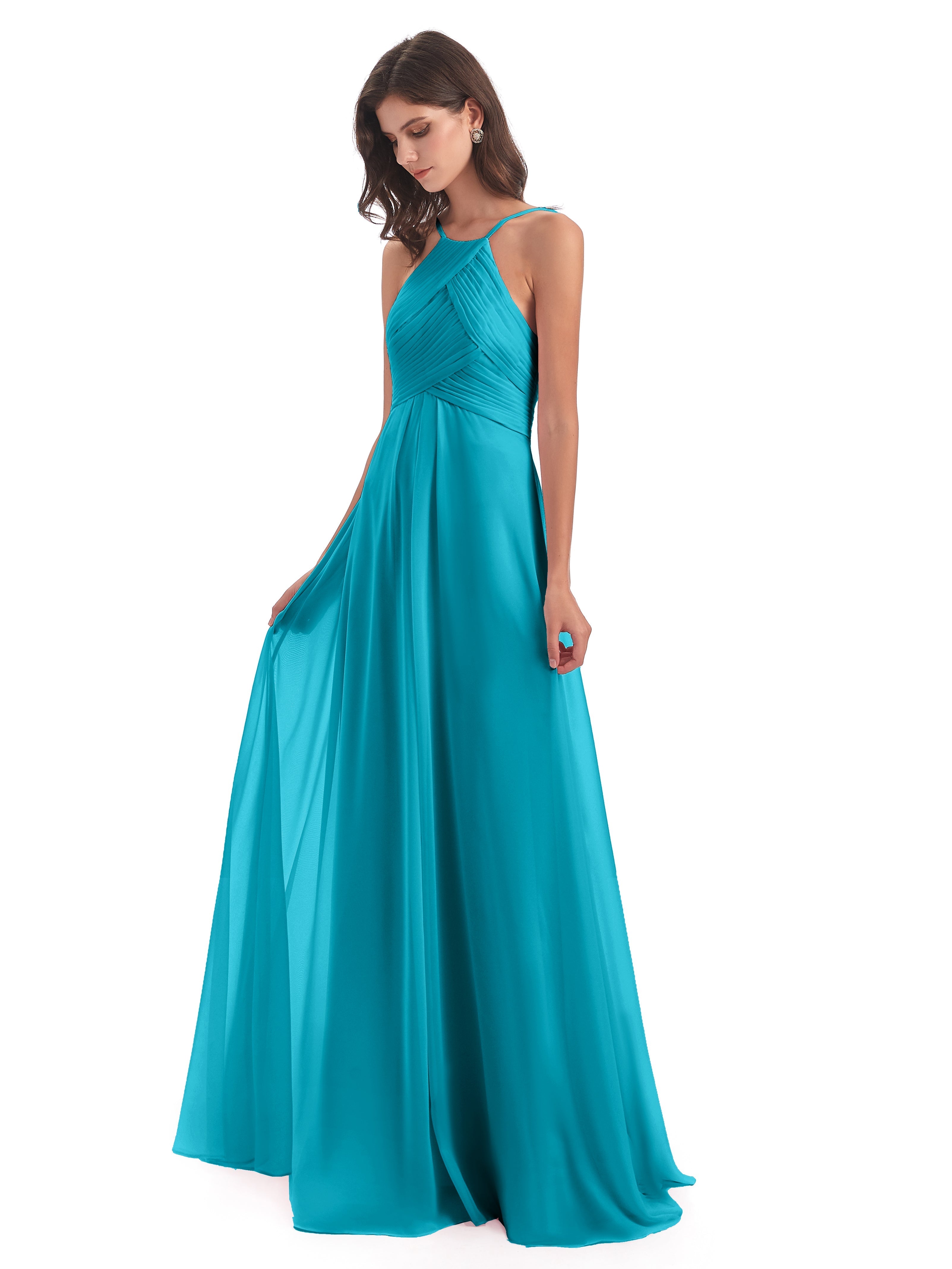 Robes De Demoiselle D'Honneur Vert Jade Licou Dos Ouvert Mousseline Robes Demoiselle D'Honneur
