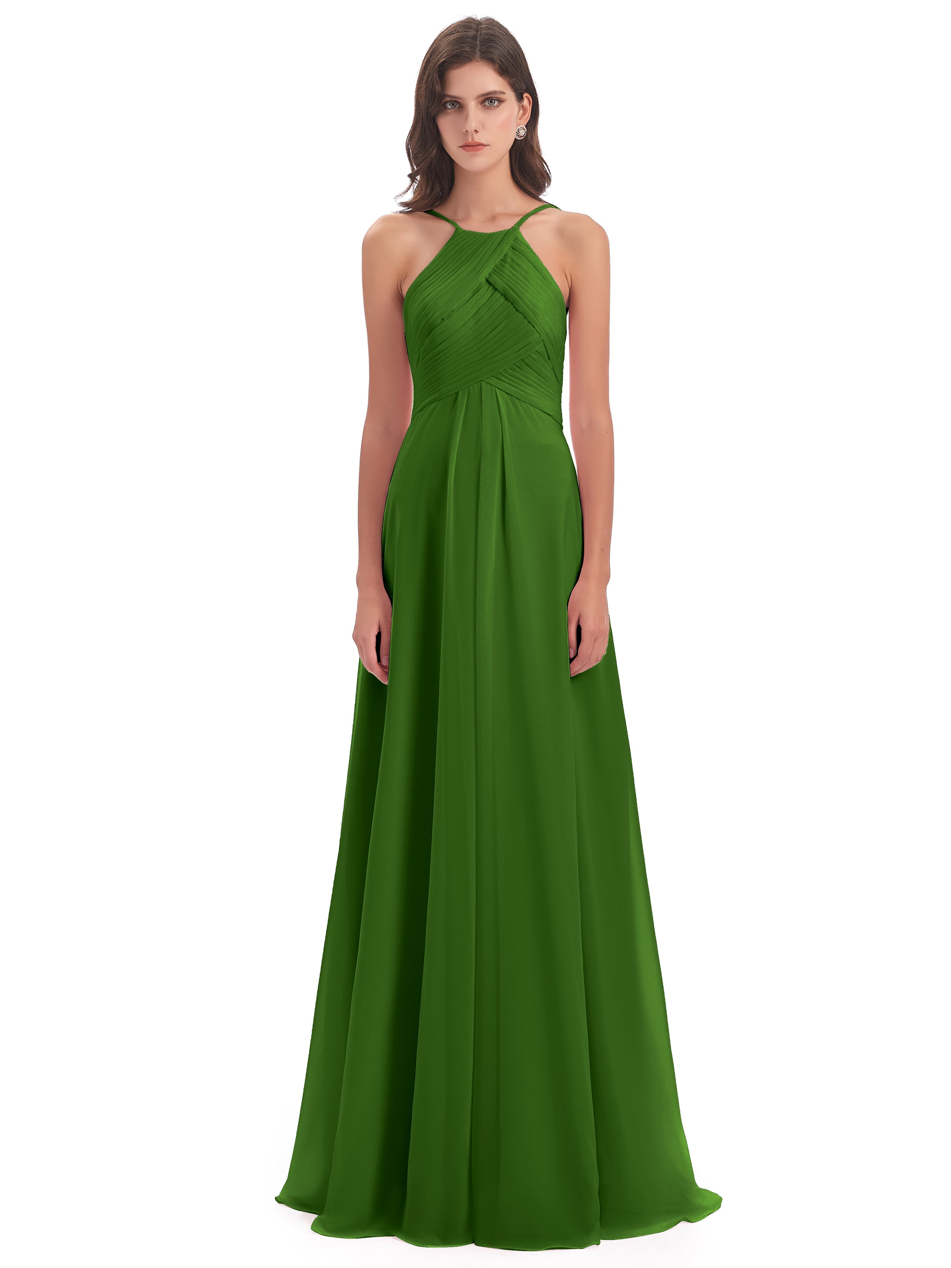 Robes De Demoiselle D'Honneur Vert Mousse Licou Dos Ouvert Mousseline Robes Demoiselle D'Honneur