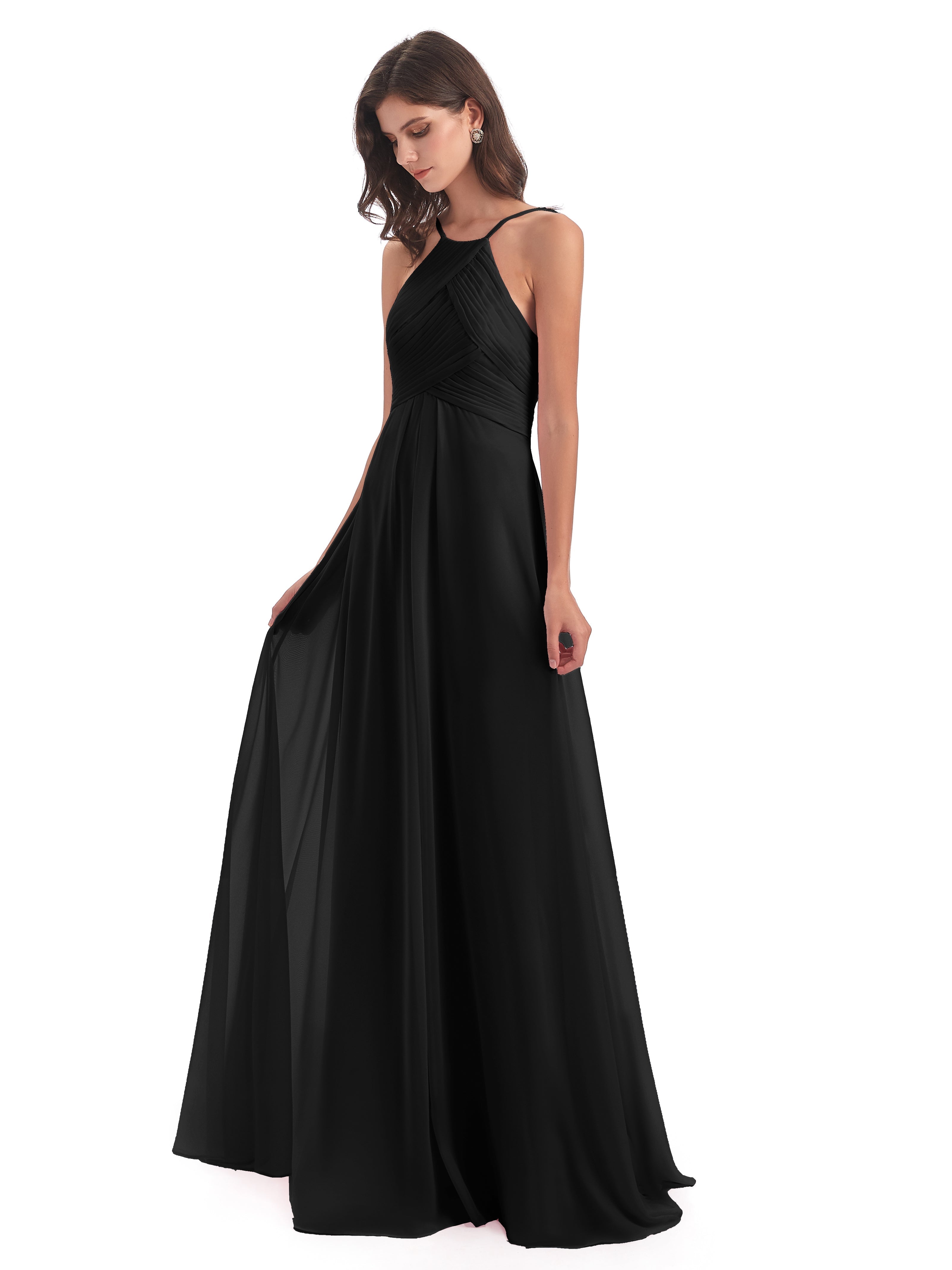 Demoiselle D Honneur Noir Licou Dos Ouvert Mousseline Robes Demoiselle D'Honneur