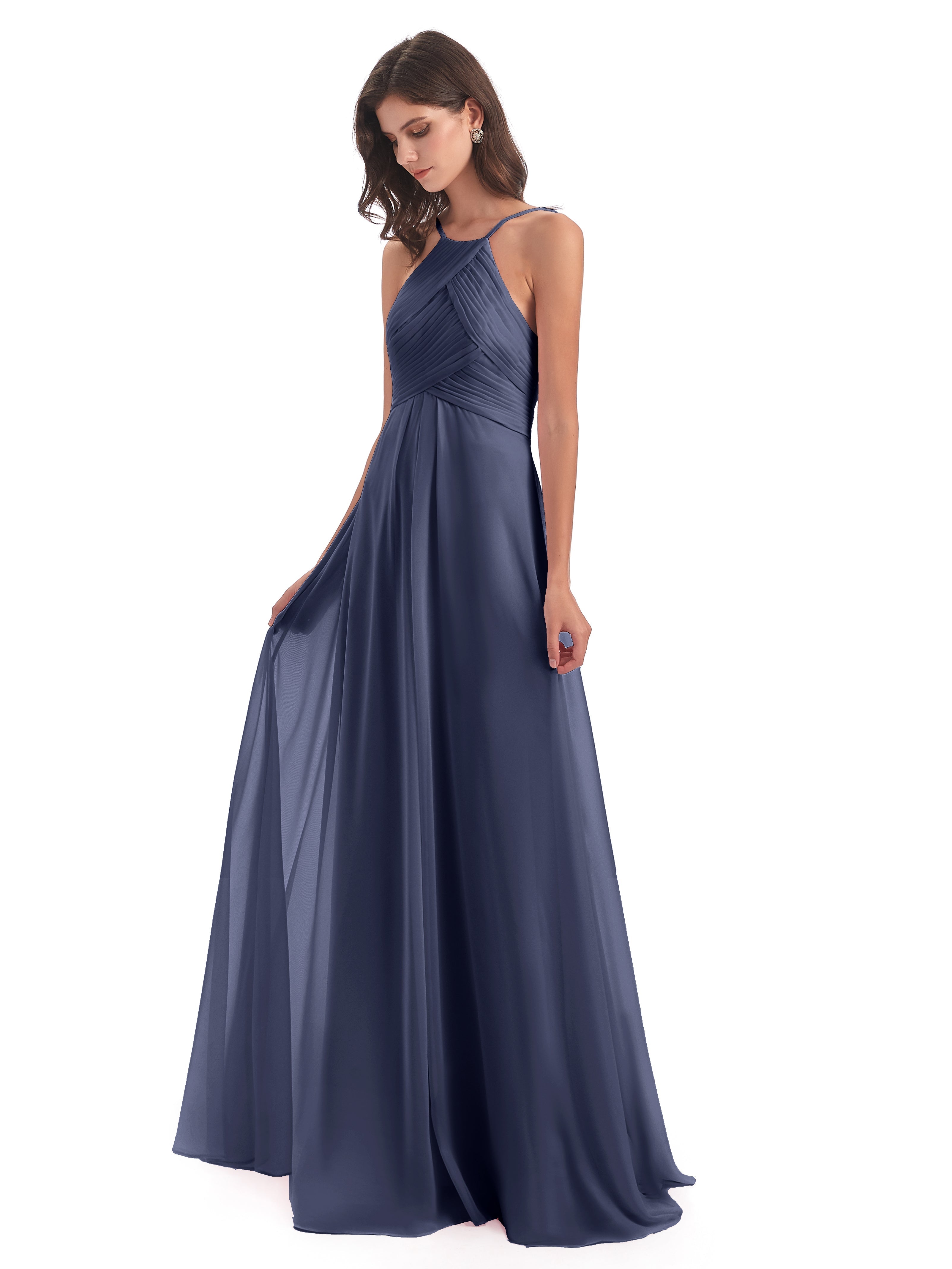 Robes De Demoiselle D'Honneur Bleu Orageux Licou Dos Ouvert Mousseline Robes Demoiselle D'Honneur