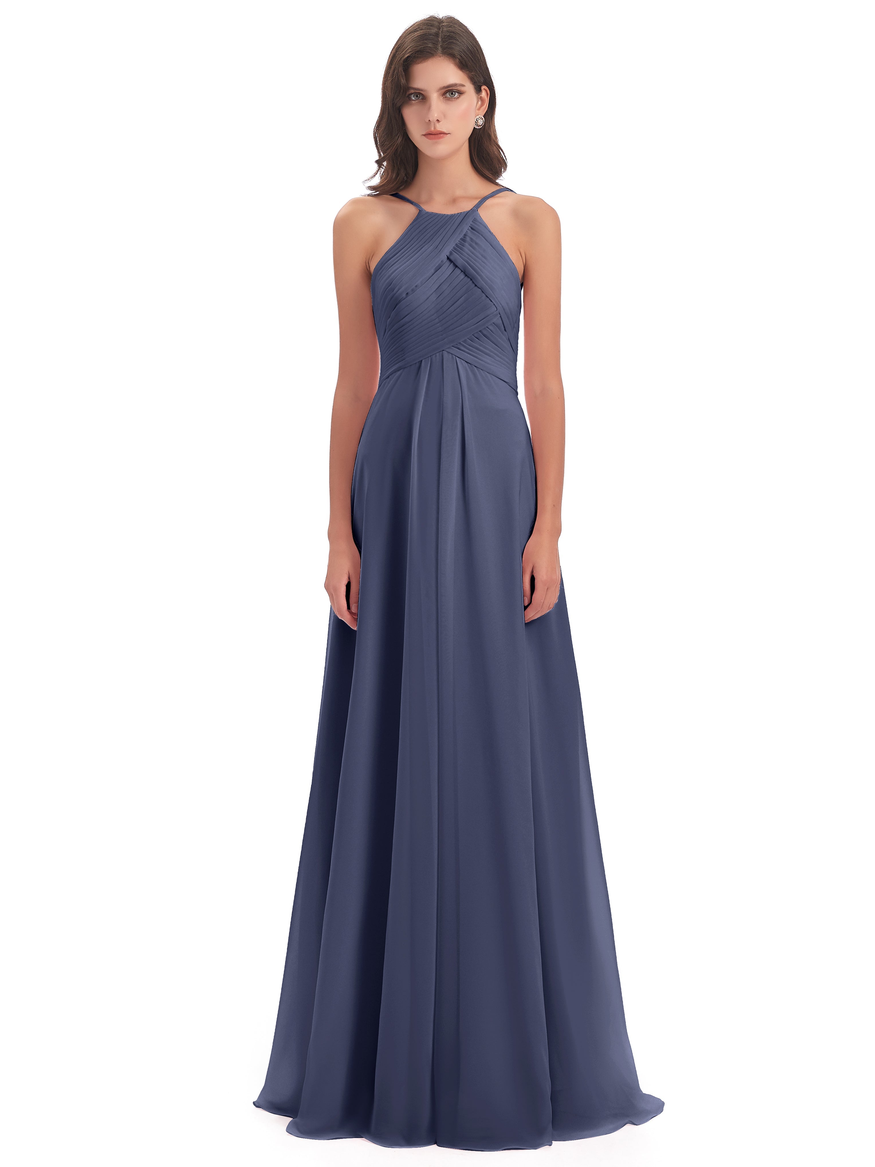 Robes De Demoiselle D'Honneur Bleu Orageux Licou Dos Ouvert Mousseline Robes Demoiselle D'Honneur