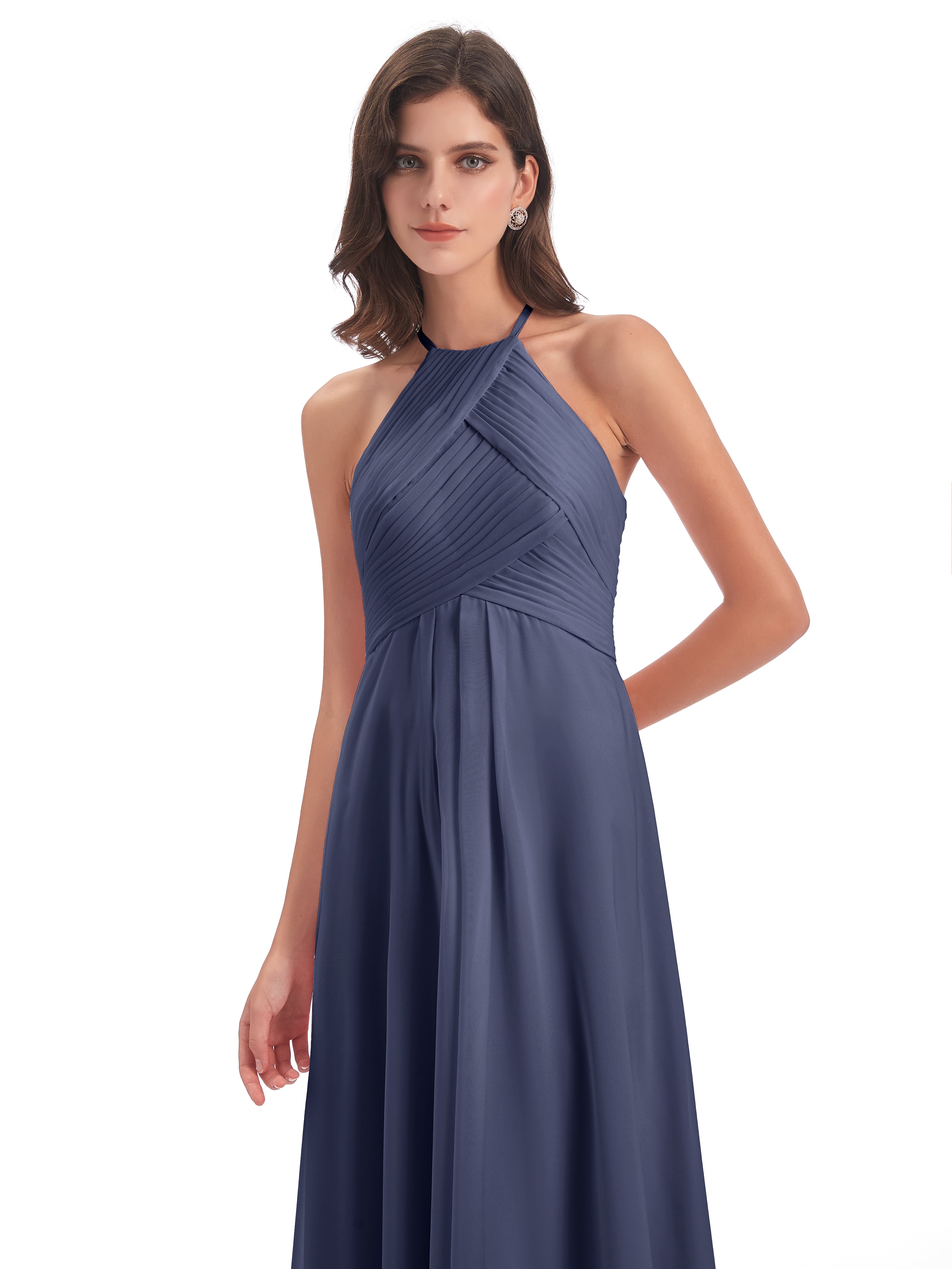 Robes De Demoiselle D'Honneur Bleu Orageux Licou Dos Ouvert Mousseline Robes Demoiselle D'Honneur