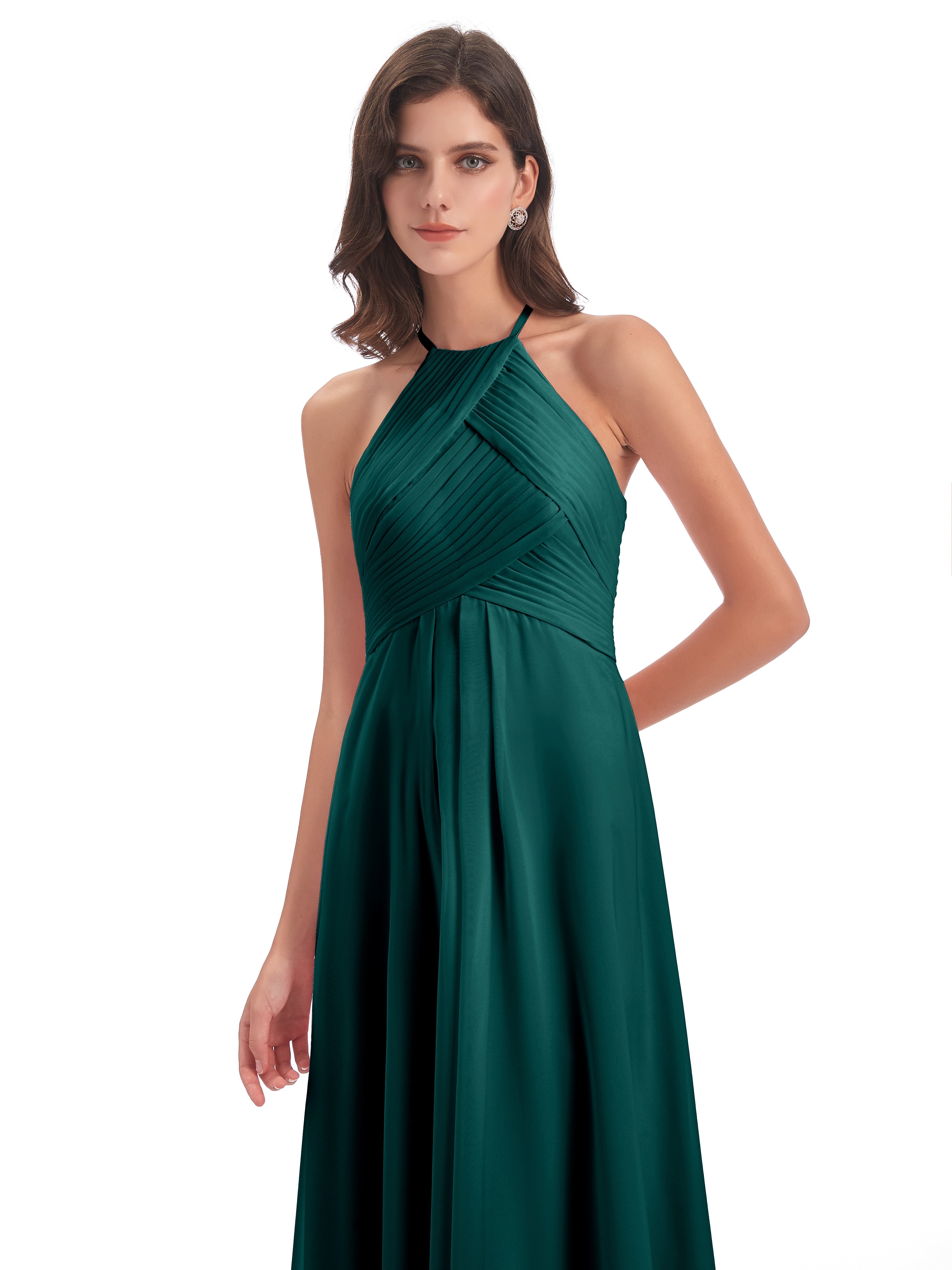 Robe Demoiselle D Honneur Bleu Paon Licou Dos Ouvert Mousseline Robes Demoiselle D'Honneur