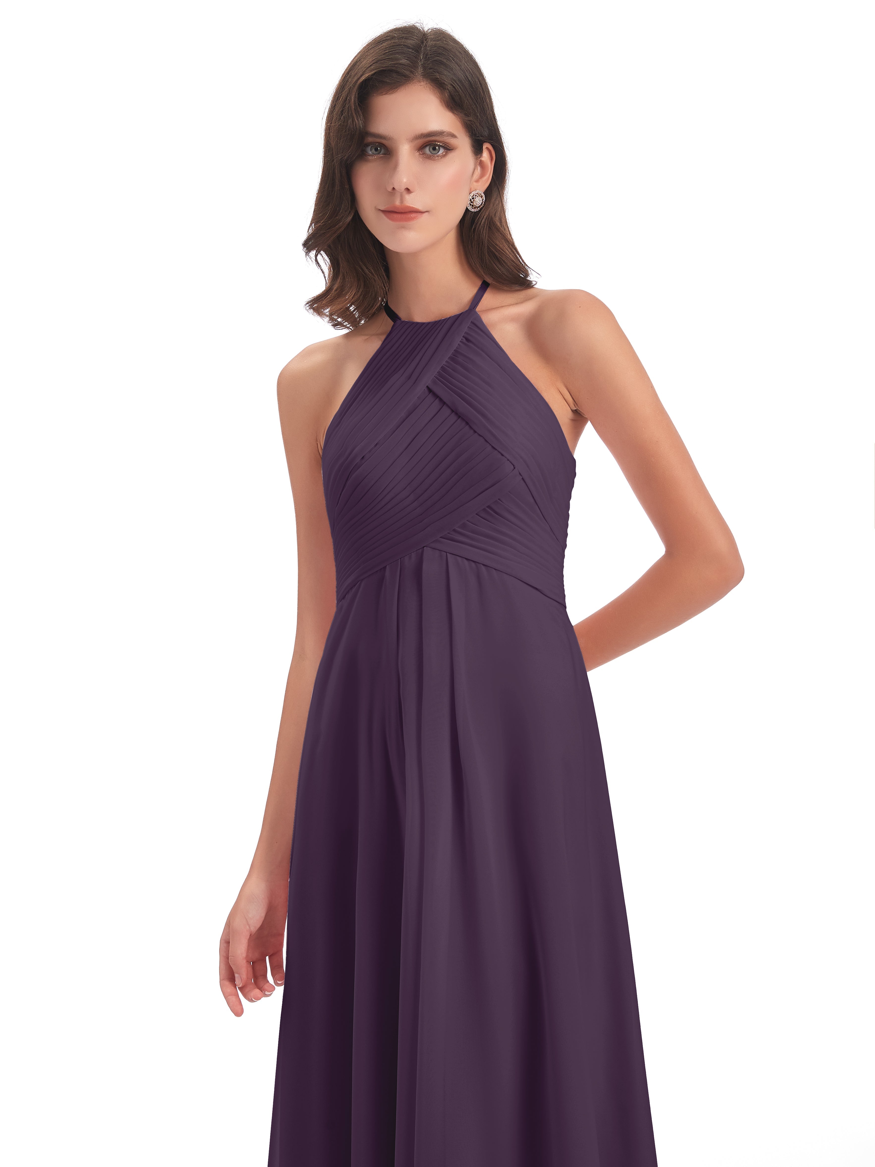Robe De Demoiselle D'Honneur En Plum Licou Dos Ouvert Mousseline Robes Demoiselle D'Honneur