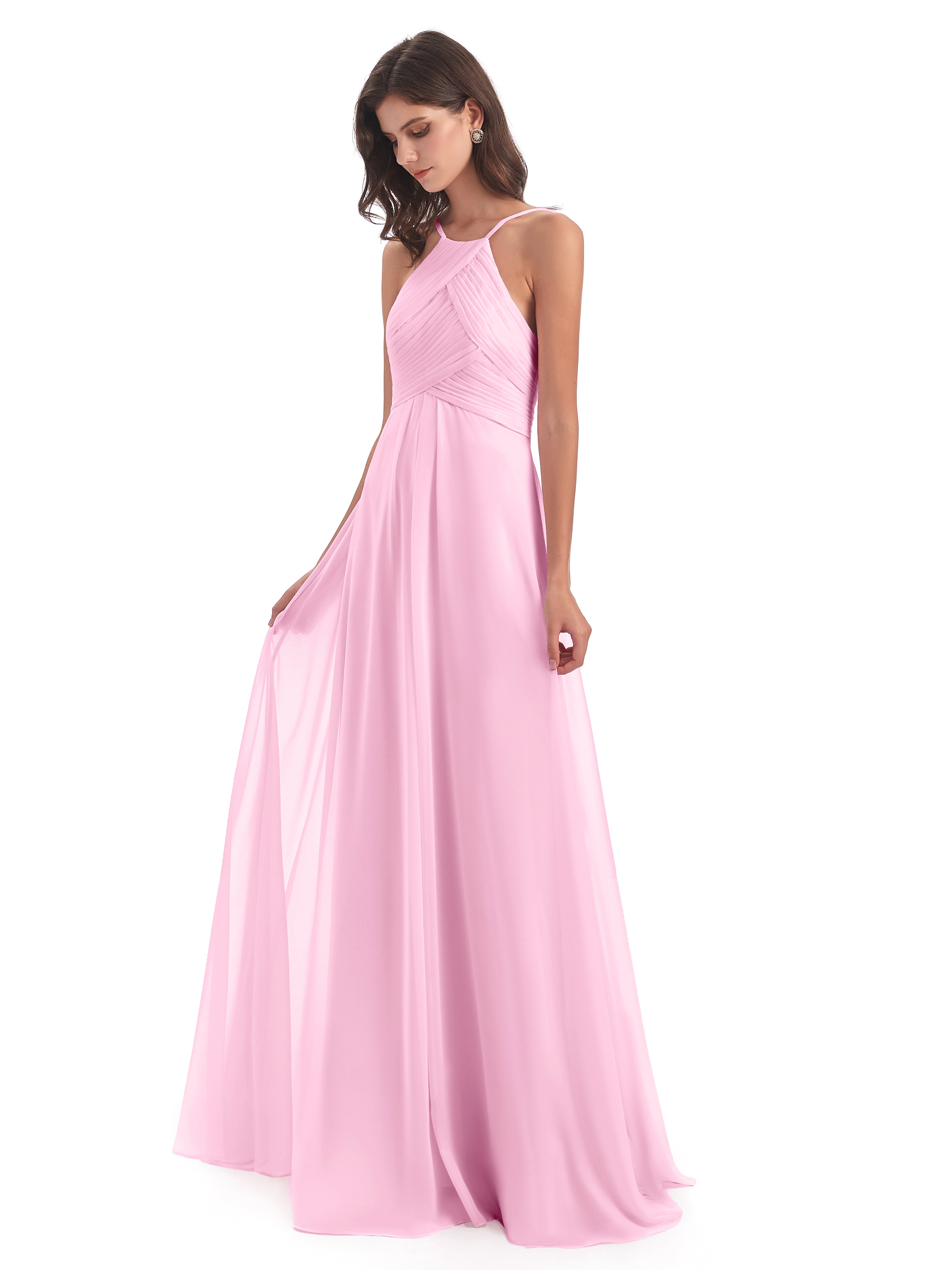 Robes De Demoiselle D'Honneur Rose Bonbon Licou Dos Ouvert Mousseline Robes Demoiselle D'Honneur