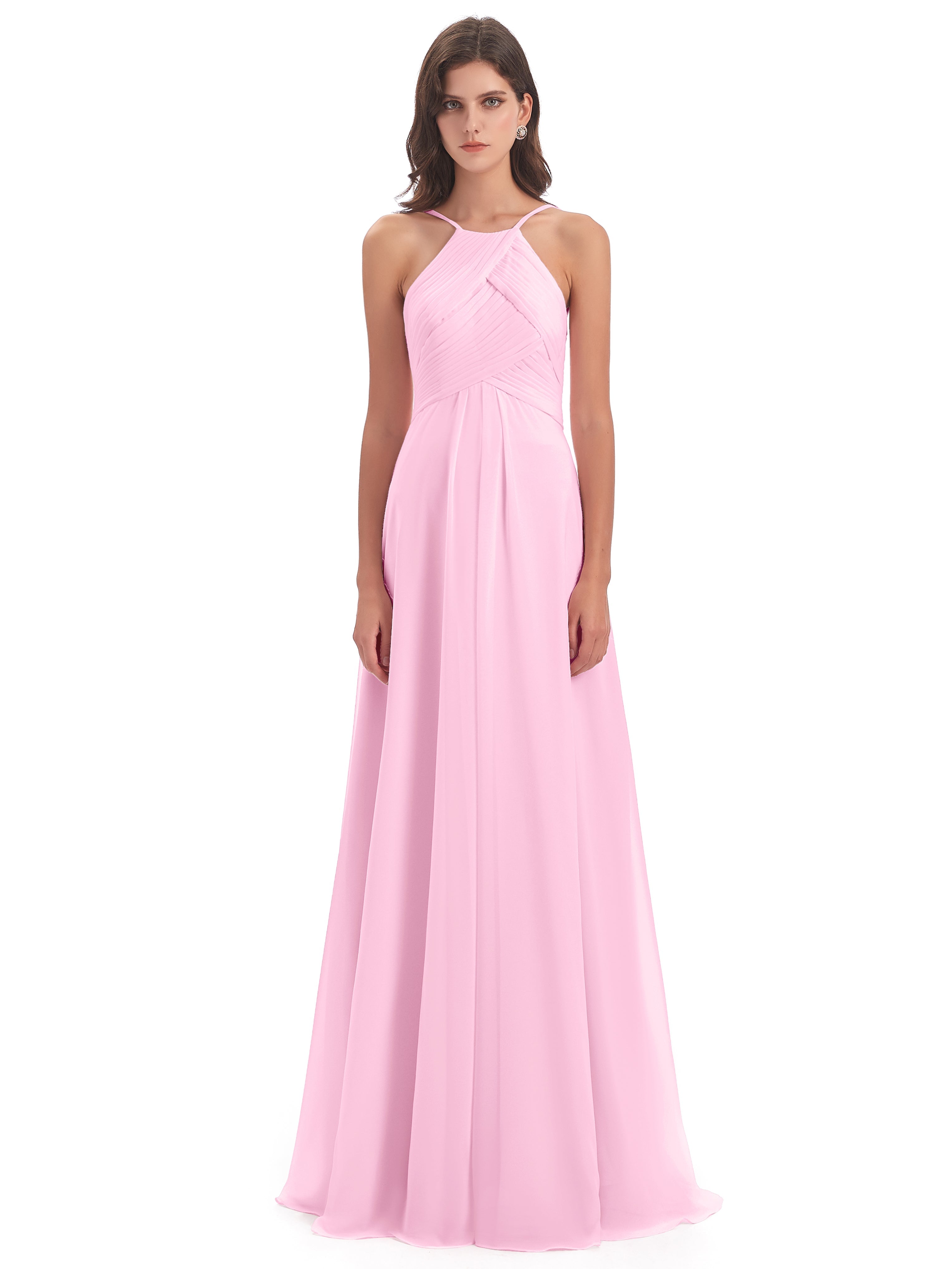 Robes De Demoiselle D'Honneur Rose Bonbon Licou Dos Ouvert Mousseline Robes Demoiselle D'Honneur