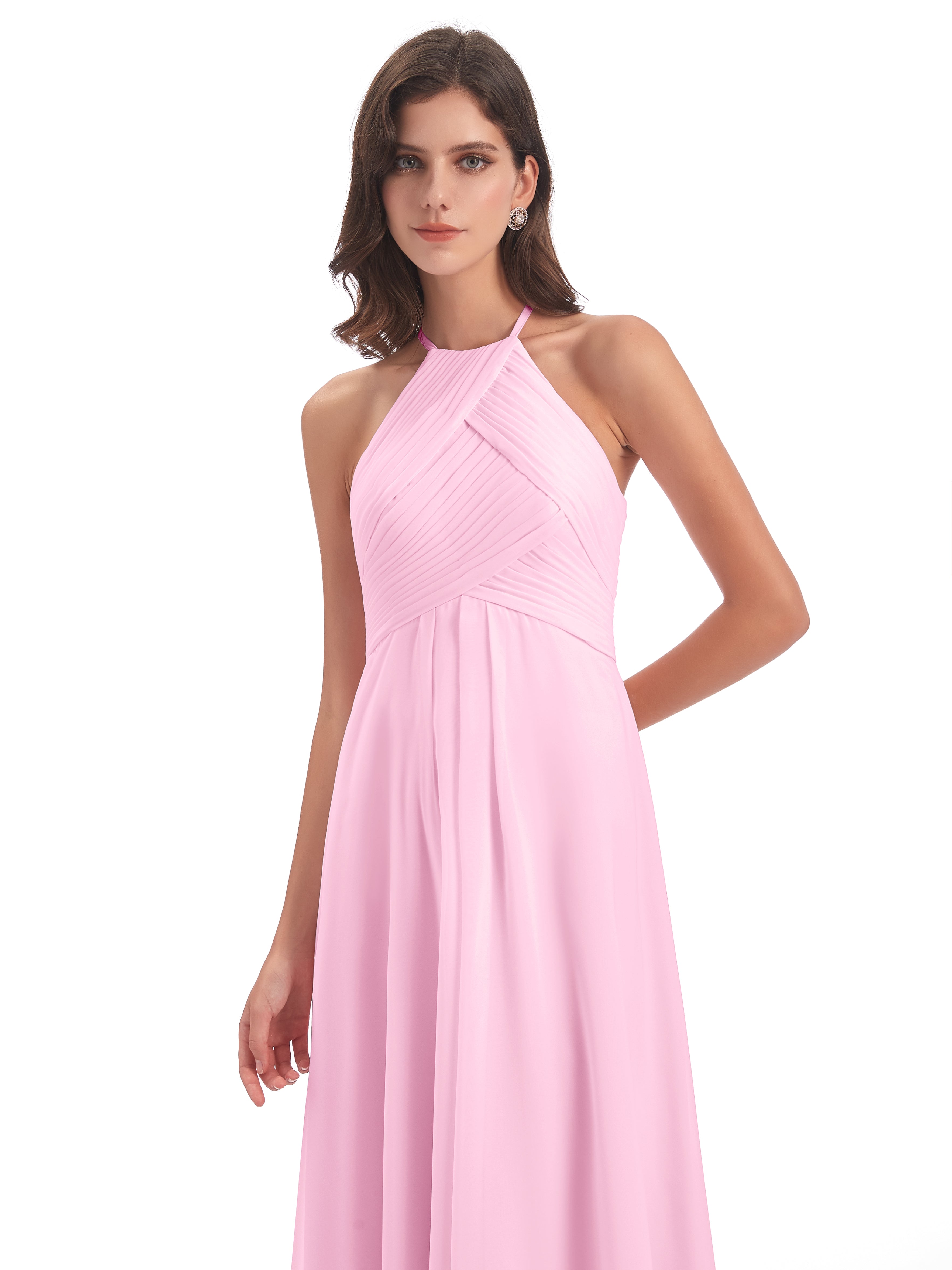 Robes De Demoiselle D'Honneur Rose Bonbon Licou Dos Ouvert Mousseline Robes Demoiselle D'Honneur