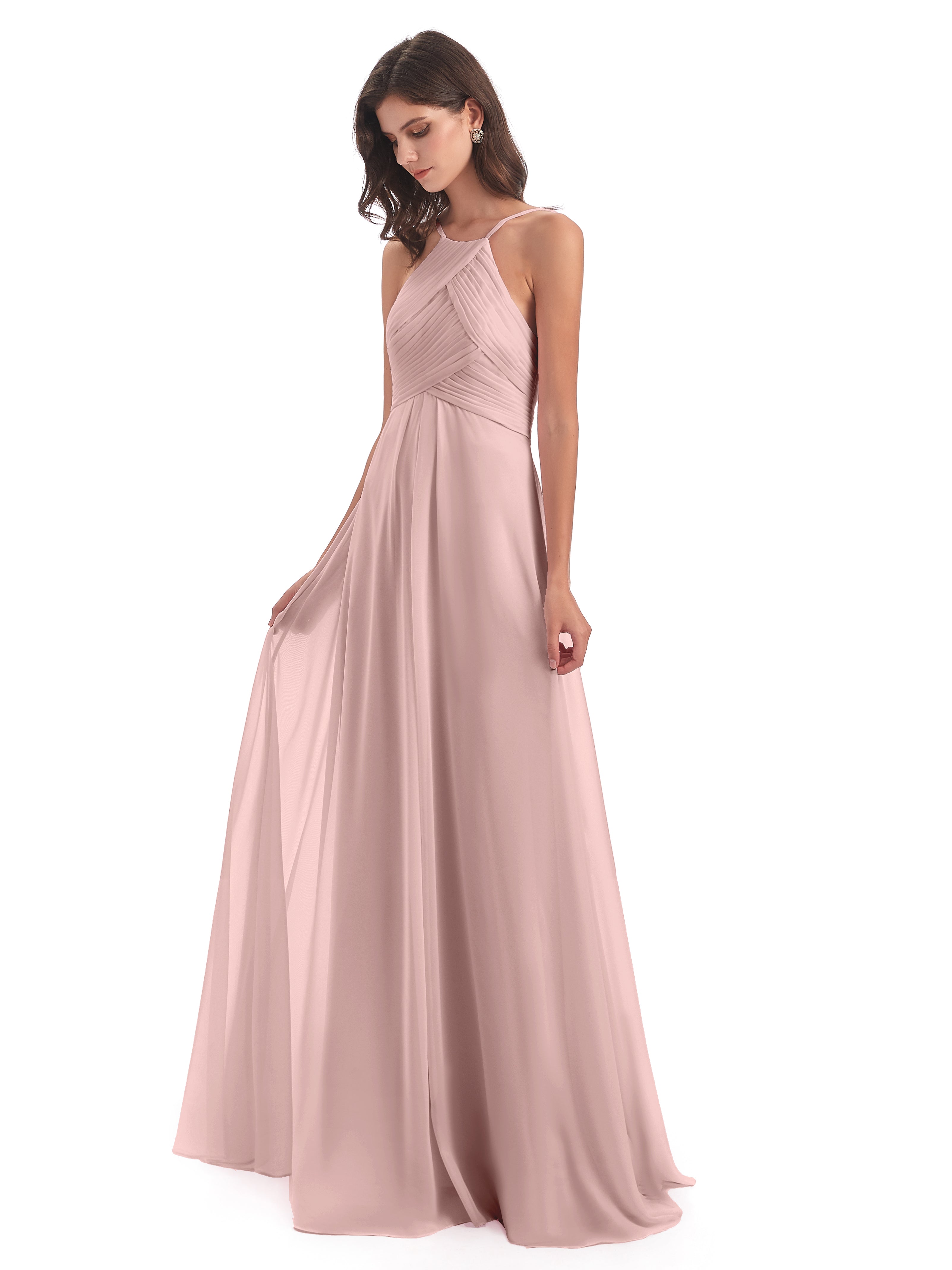 Robe Rose Poudré Mariage Demoiselle D Honneur Licou Dos Ouvert Mousseline Robes Demoiselle D'Honneur