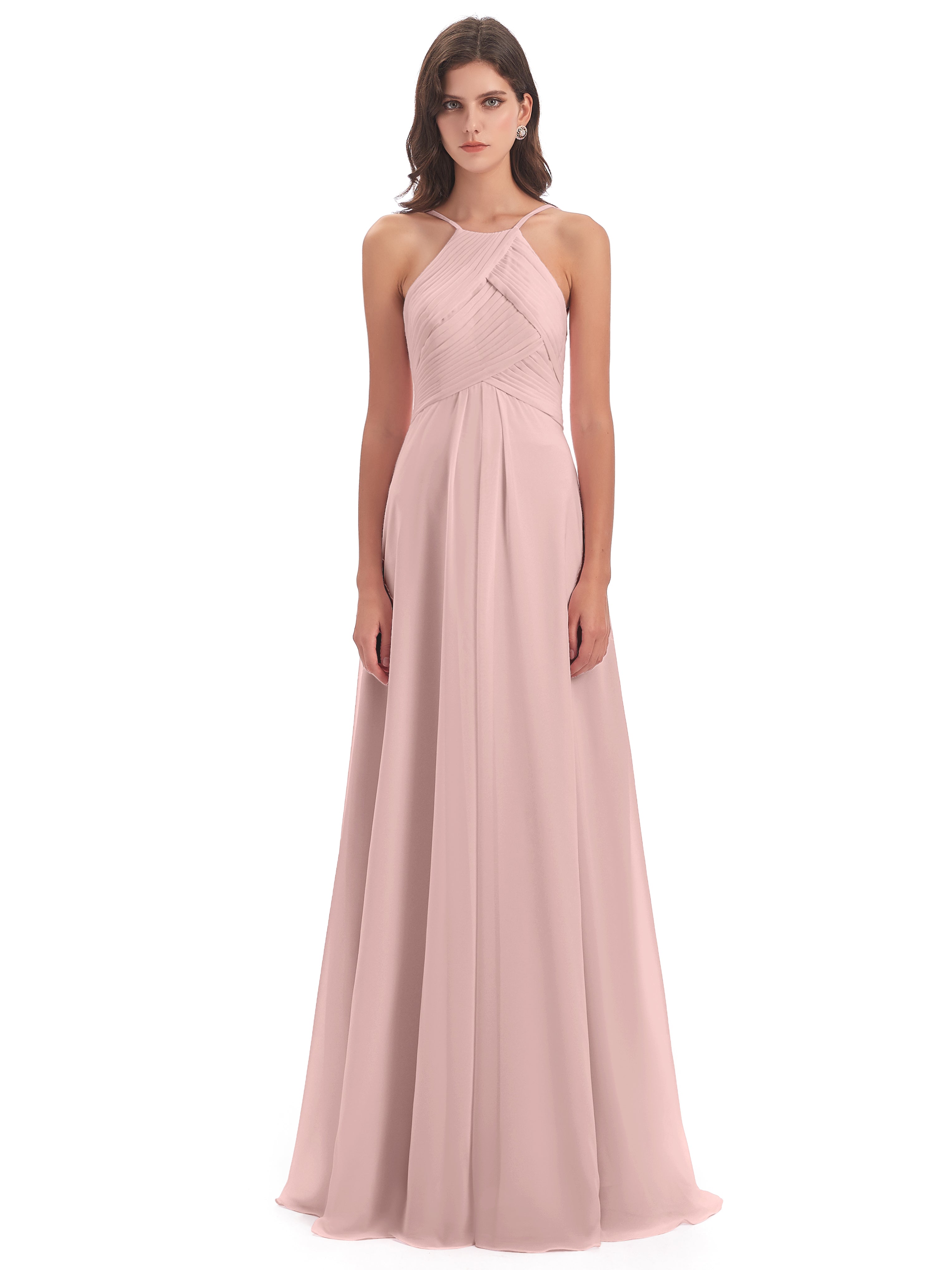 Robe Rose Poudré Mariage Demoiselle D Honneur Licou Dos Ouvert Mousseline Robes Demoiselle D'Honneur