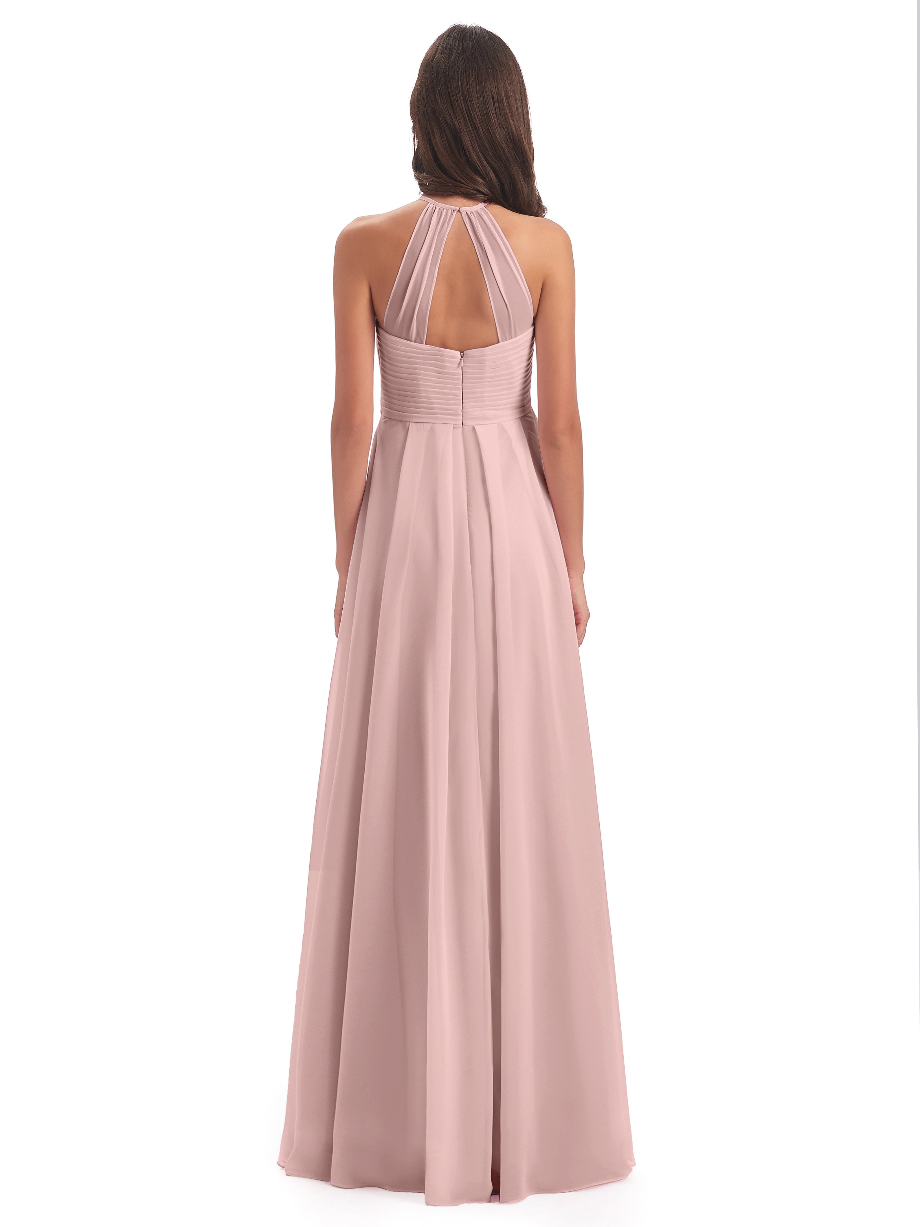 Robe Rose Poudré Mariage Demoiselle D Honneur Licou Dos Ouvert Mousseline Robes Demoiselle D'Honneur