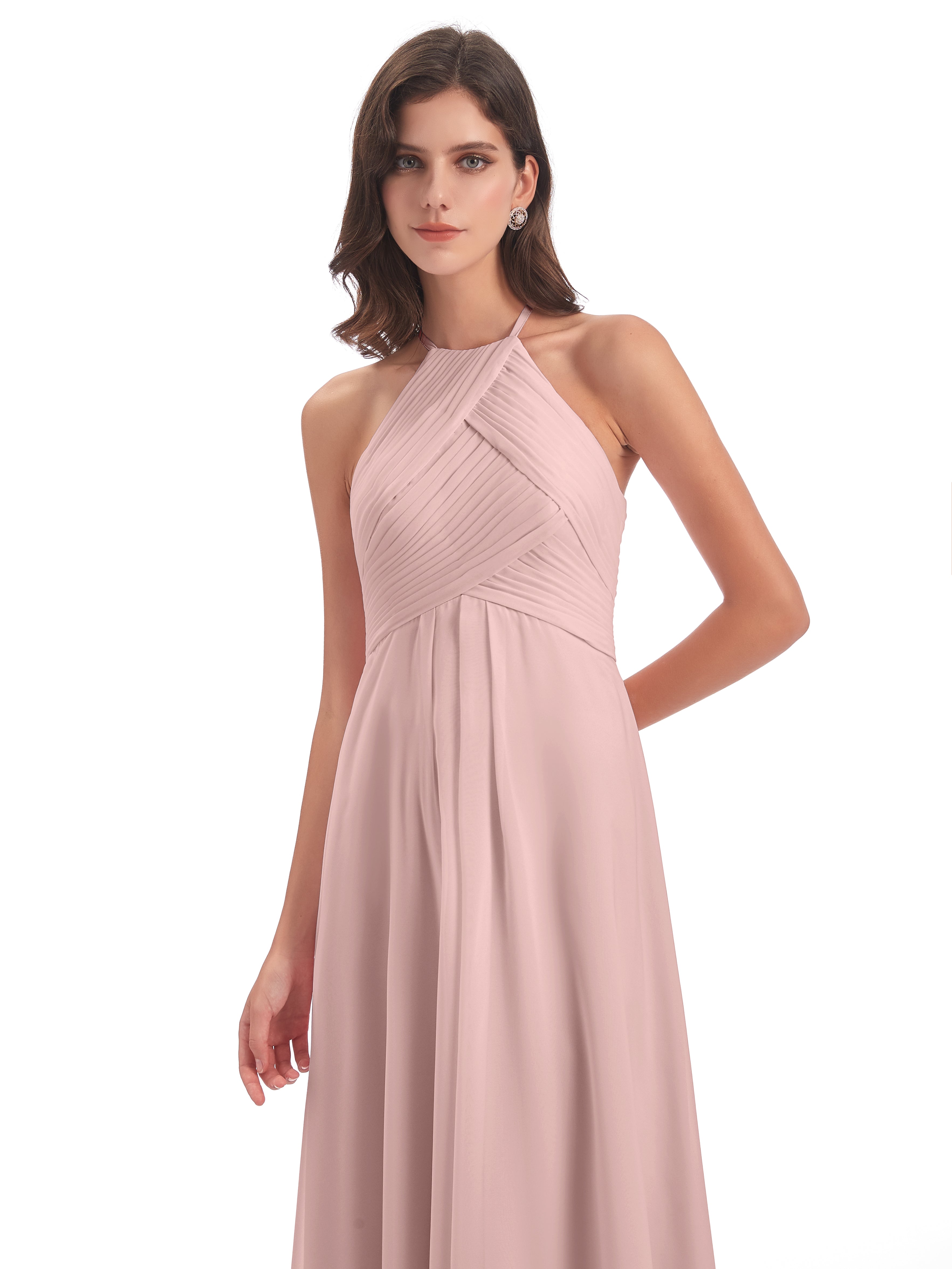 Robe Rose Poudré Mariage Demoiselle D Honneur Licou Dos Ouvert Mousseline Robes Demoiselle D'Honneur