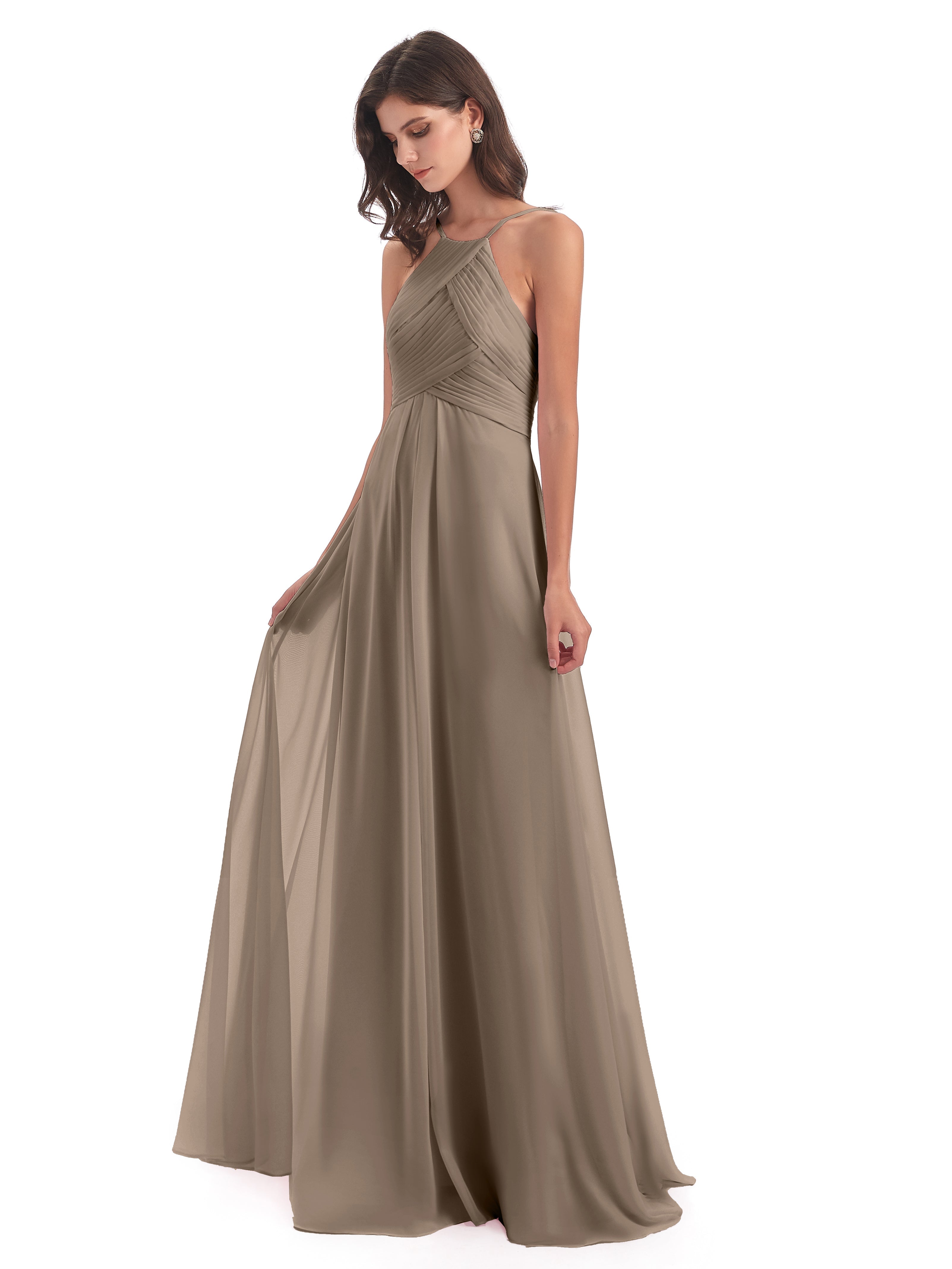 Robe Ceremonie Taupe Licou Dos Ouvert Mousseline Robes Demoiselle D'Honneur