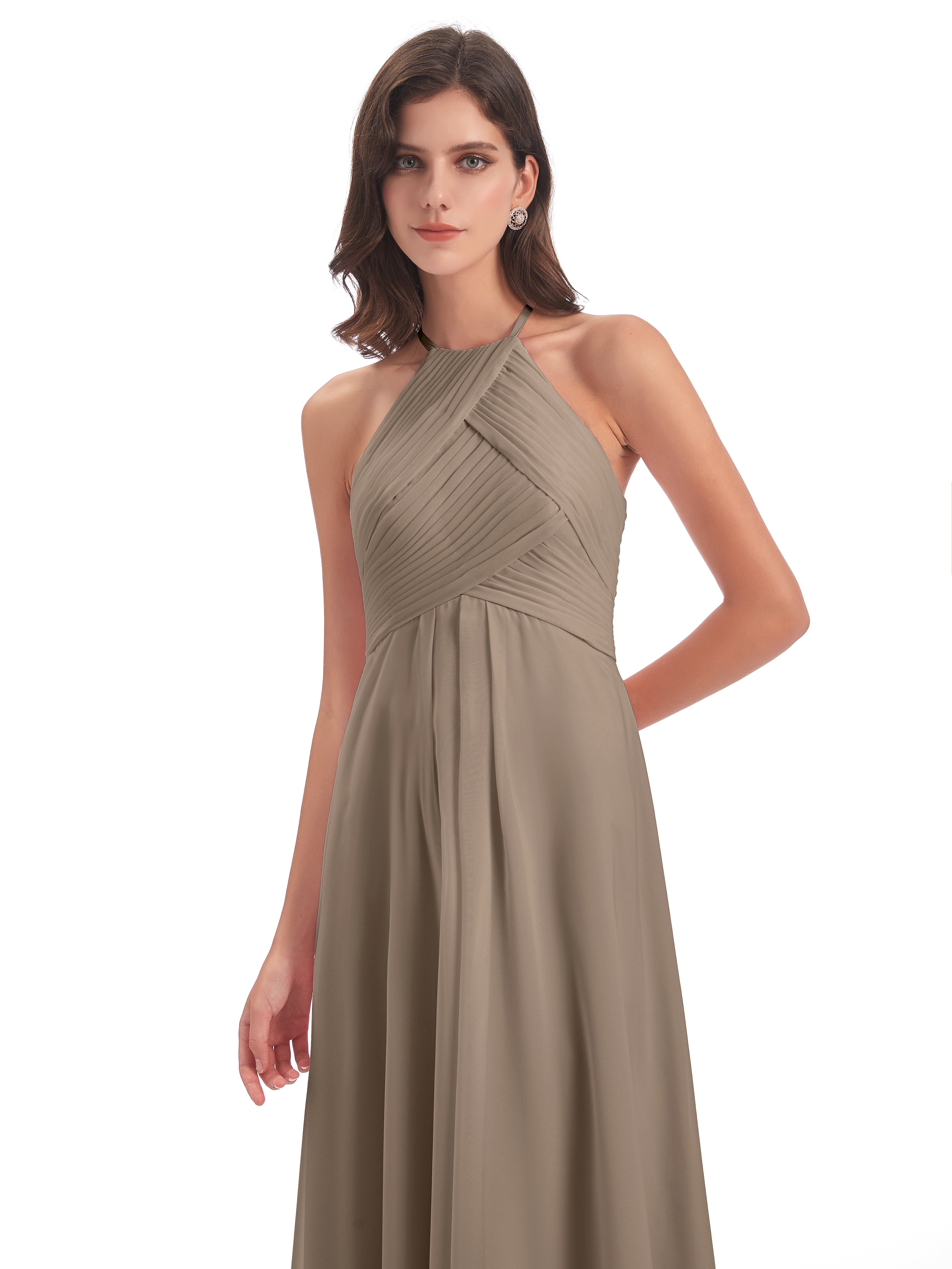 Robe Ceremonie Taupe Licou Dos Ouvert Mousseline Robes Demoiselle D'Honneur