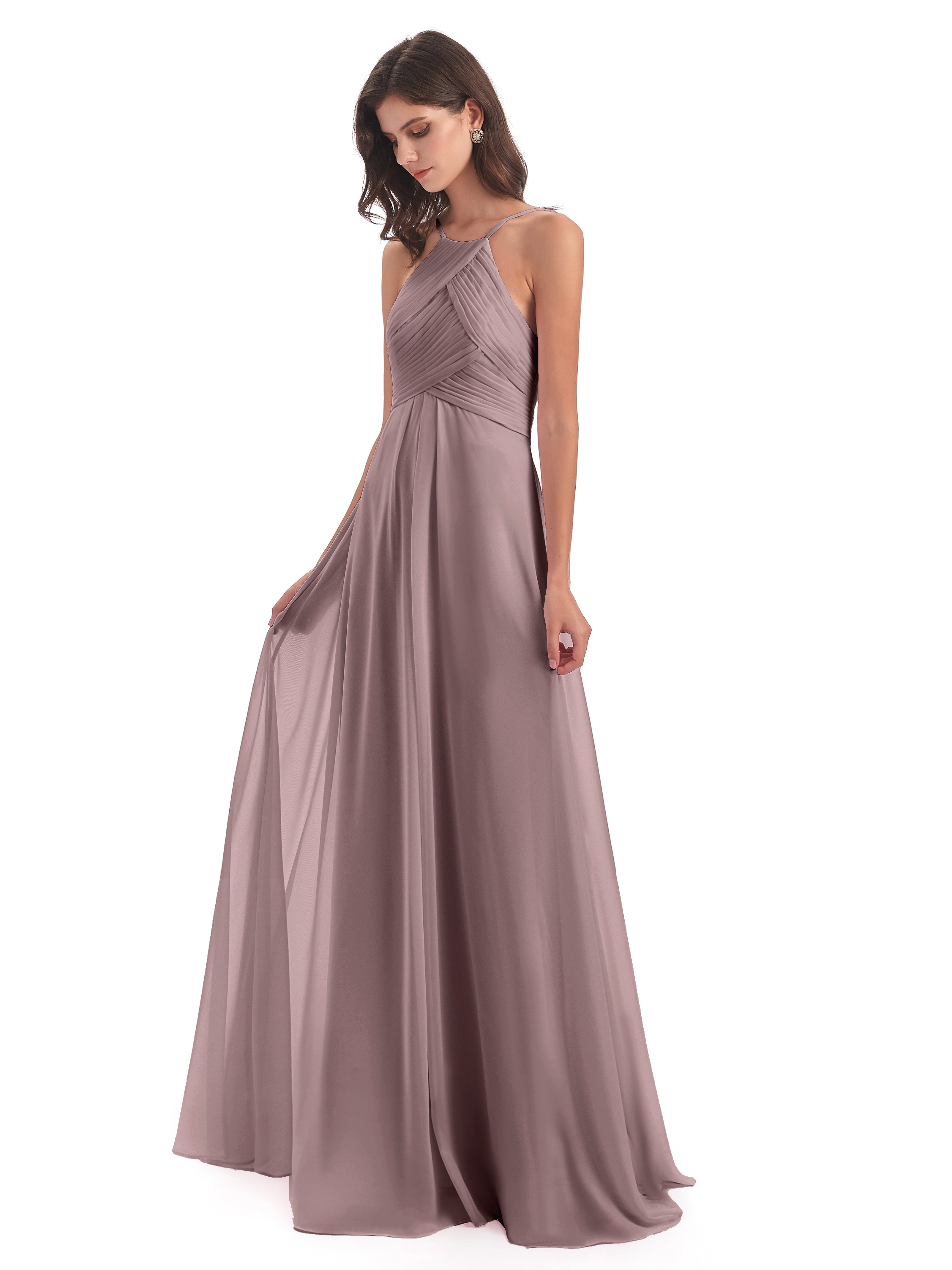 Robes De Demoiselle D'Honneur Vintage Mauve Licou Dos Ouvert Mousseline Robes Demoiselle D'Honneur