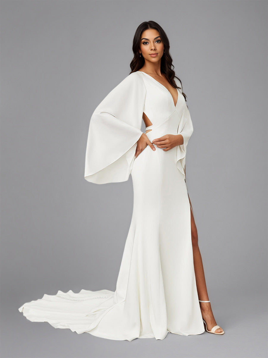 Cicinia Robe de Mariée à Manches Longues Décolleté en V Dos Nud avec Traîne Balayée Unique
