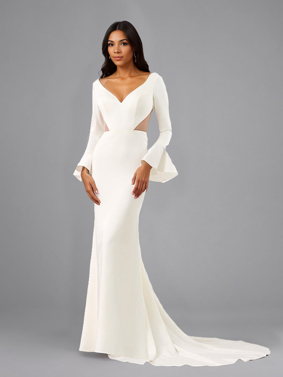 Cicinia Ivoire Robe de Mariée Longue Fourreau Dos Nud à Manches Longues avec Traîne Balayée Unique