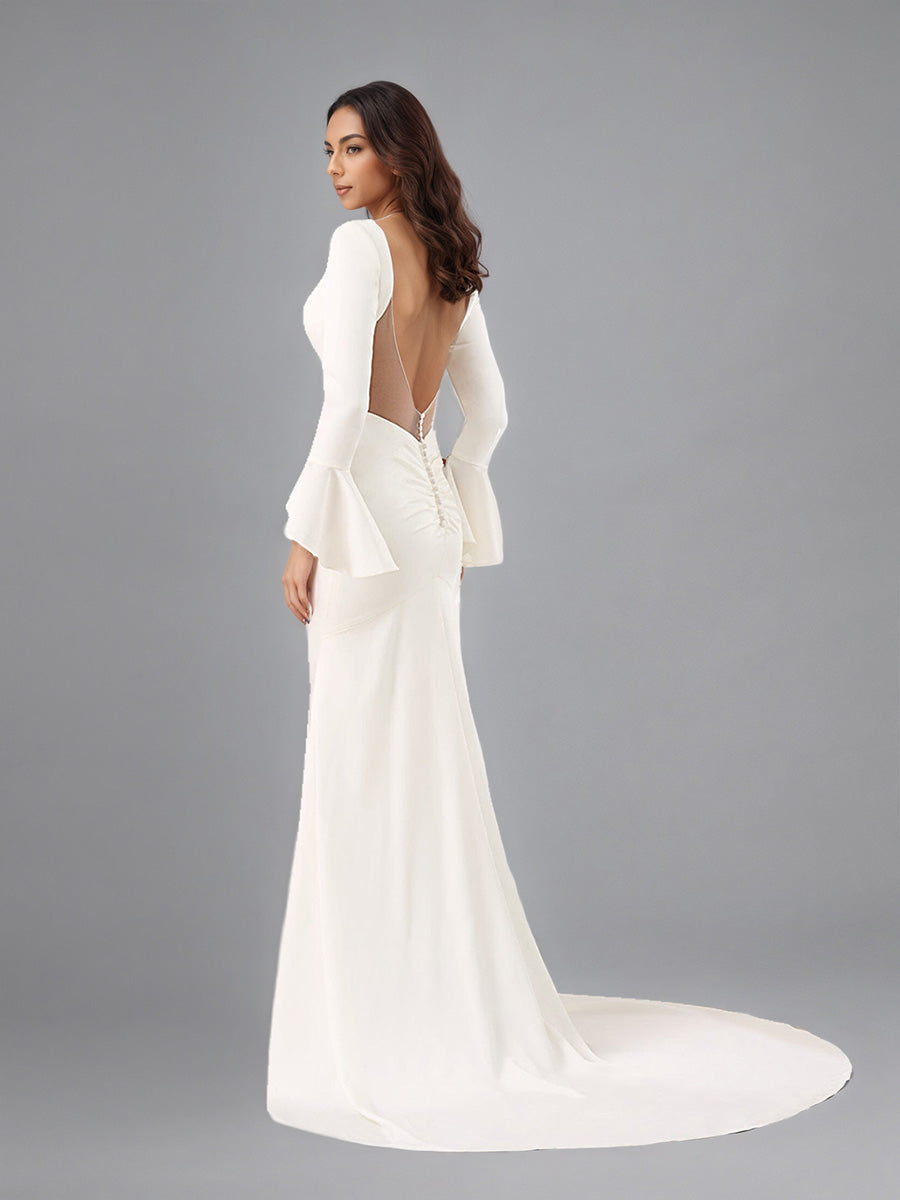 Cicinia Ivoire Robe de Mariée Longue Fourreau Dos Nud à Manches Longues avec Traîne Balayée Unique