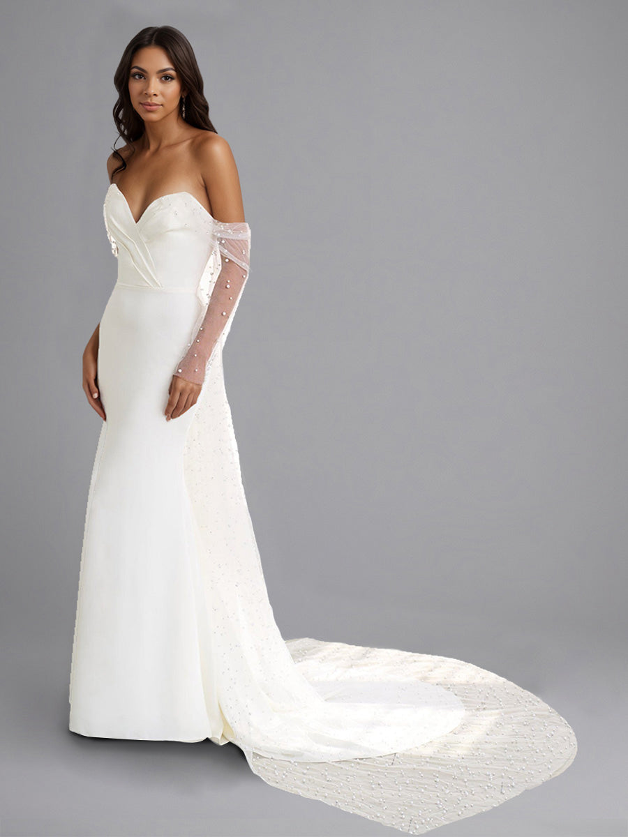 Cicinia Robe de Mariée Fourreau Décolleté Cœur à Plis à Manches Longues en Tulle Élégante