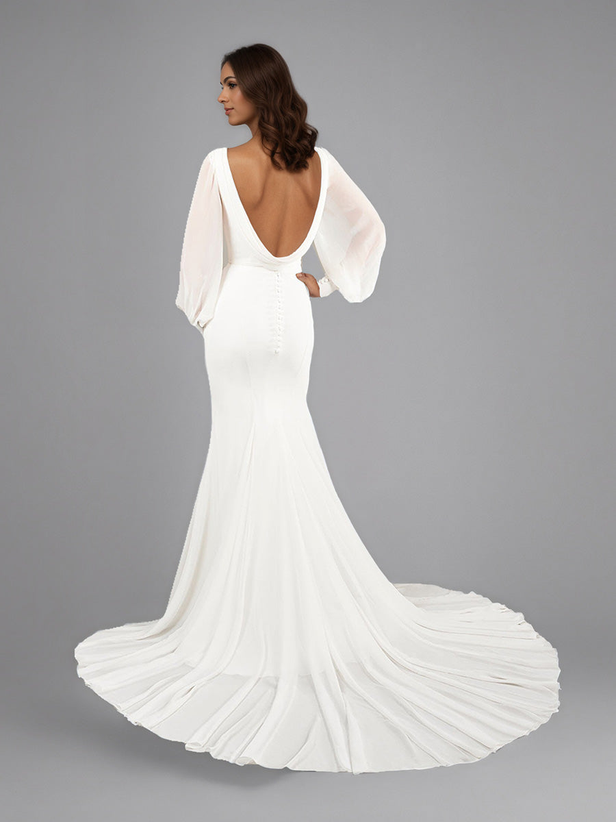 Cicinia Ivoire Robe de Mariée Sirène Longue à Manches Longues Décolleté en V Plongeant