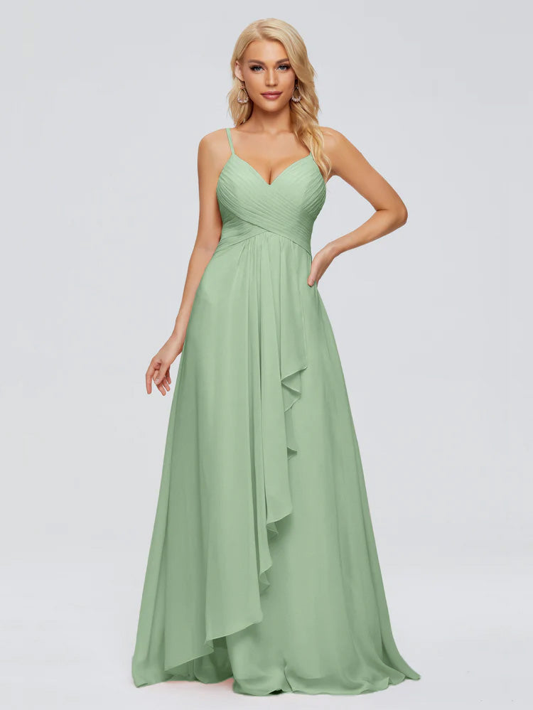 Robes De Demoiselle D'Honneur Couleur Sauge Poussiéreuse Trapèze Bretelles Spaghetti Mousseline Robes Demoiselle D'Honneur