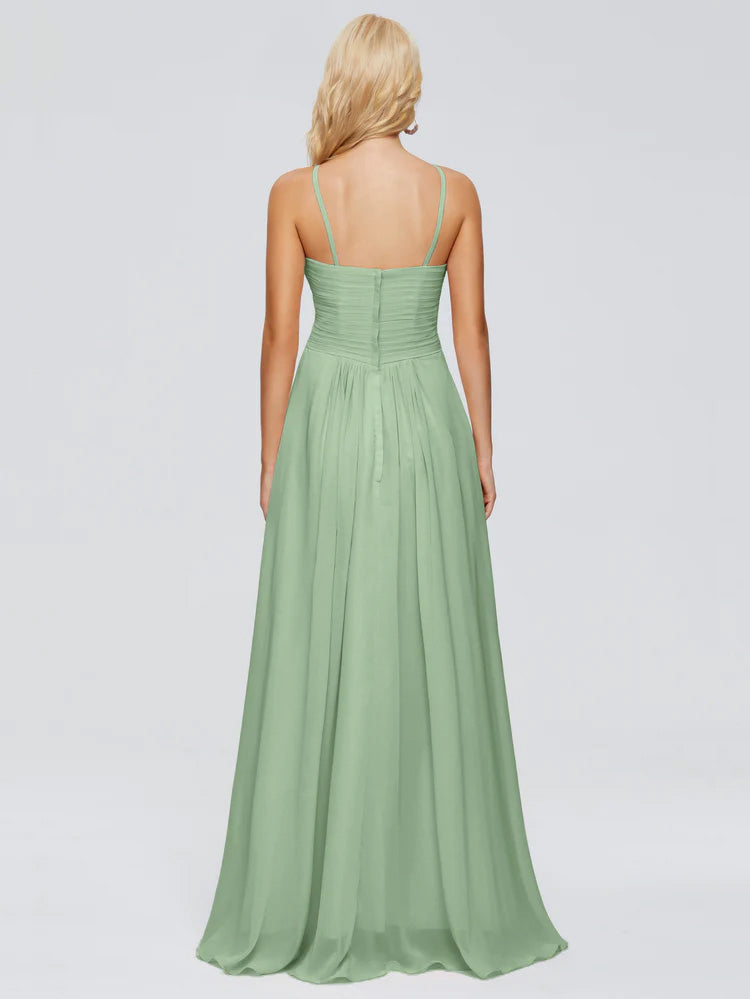 Robes De Demoiselle D'Honneur Couleur Sauge Poussiéreuse Trapèze Bretelles Spaghetti Mousseline Robes Demoiselle D'Honneur