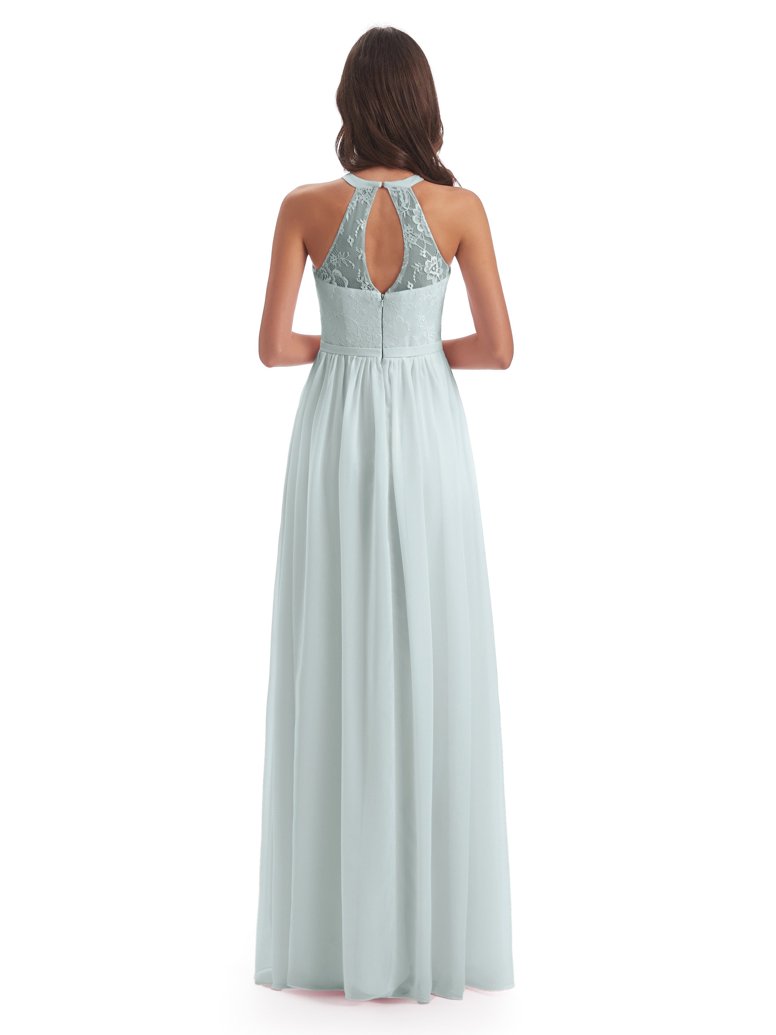Robes De Demoiselle D'Honneur Celadon Fendue Devant Licou Dentelle/Mousseline Robes Demoiselle D'Honneur