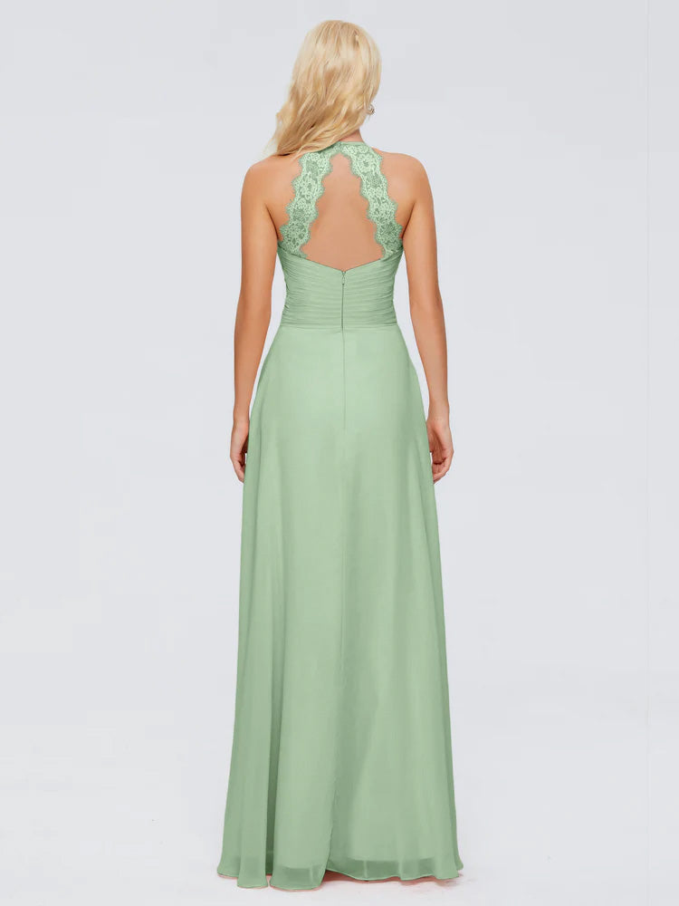 Robes De Demoiselle D'Honneur Vert Sauge Poussiéreux Trapèze Licou Dentelle Mousseline Robes Demoiselle D'Honneur