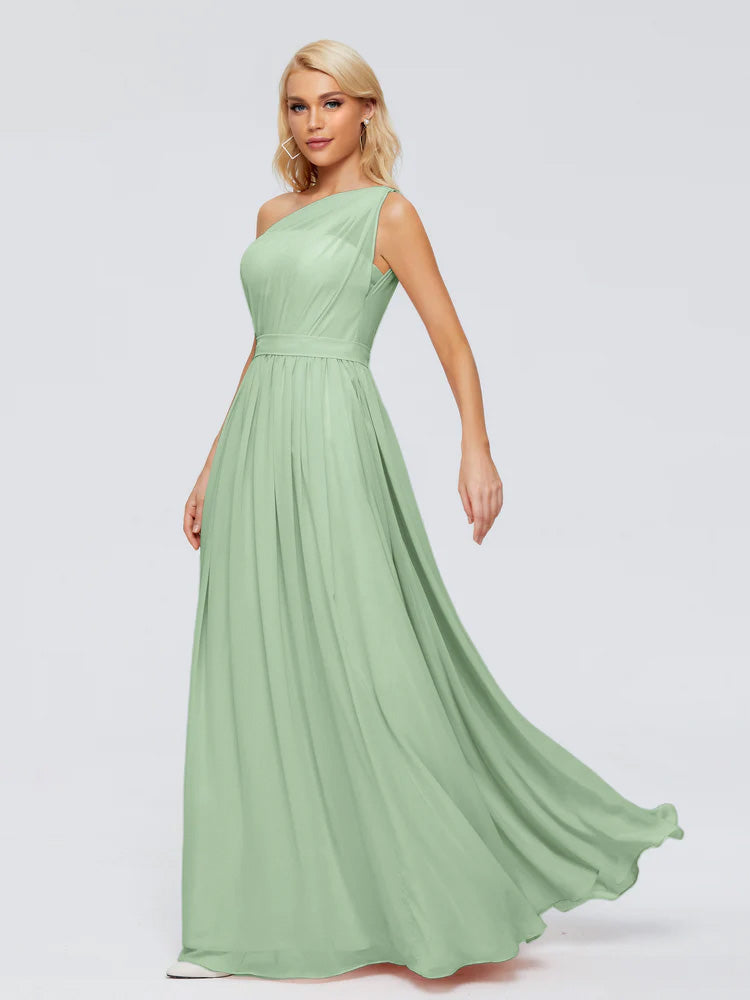 Robe Demoiselle D Honneur Sauge Poudré Trapèze Seule-Épaule Ruban Mousseline Robes Demoiselle D'Honneur